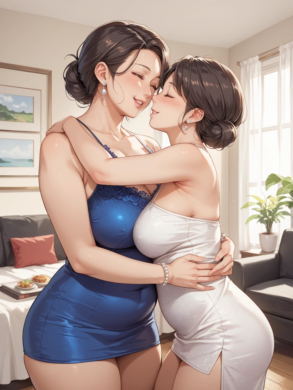 (1 young man), (1 asian Mom), (Duet), A mom seduces a young blackman,(strong and naked black man,short pants,muscle body,bodybuilder),(a young mom with big breasts,narrow waist,bare shoulders,(long skirt dressed, floral print, naked), European 40 year old milfs and th1 young black man r, best quality:1.4), (Ultra-high resolution:1.2), (8K, RAW photos:1.2), Laurena Lexis, (1 Mom, 1 son), Moms showing off their curves, bend down, Wearing sexy clothes and shorts, and their young son, Clear eyes, A mother and her young son, ((French Kiss))