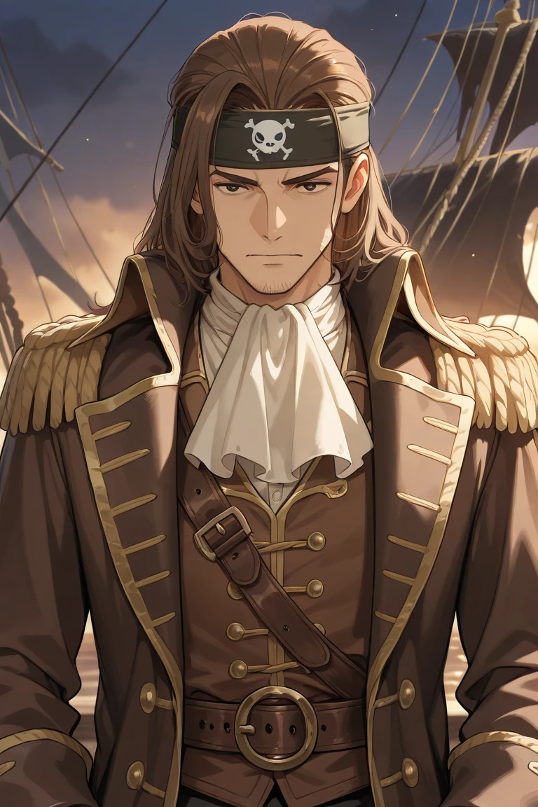 anime black skinned guy pirate captain with long brown hairs