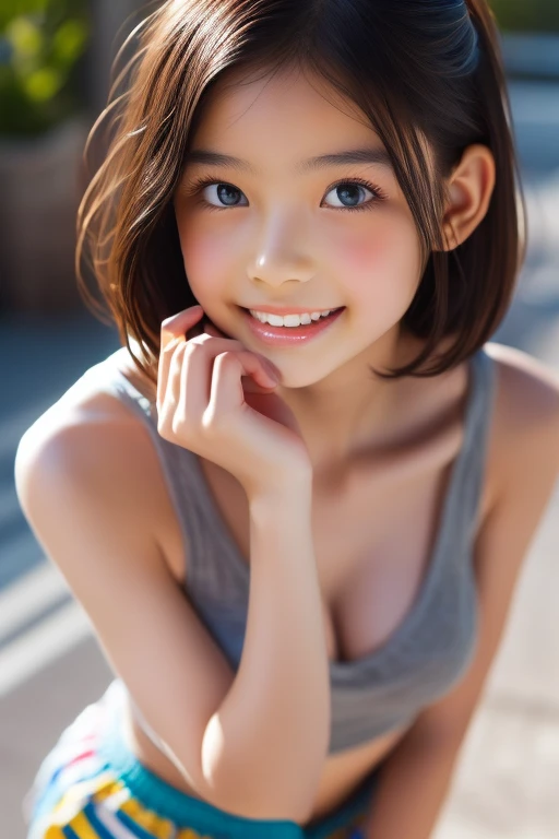 ​masterpiece、top-quality、超A high resolution、in 8K、high-level image quality、realisitic実写、Photogenic clarity、A detailed eye、gradients、in poolside、perfect anatomy body proportions ,hard disk、nffsw , Nikon Z9 80mm Lens 、masutepiece、Cinematic lighting, Physically-based rendering, Award-winning, highlydetailed skin, extra detailed face, Eyes with beautiful details、8k wallpaper、top-quality、ultra-detailliert、​masterpiece、realisitic、Realizing a cute girl with high-definition glamor、28 year old、red blush、、roundly eyes、viewer、FULL BODYSHOT、Competitive swimsuit 、Milk transparency 、large full breasts、short-cut、Looking at the camera、Daytime street、(((Beautiful alignment and snow-white teeth)))、Sparkling eyes、sparkly eyes、Glossy lips with lip gloss、too bright natural light、The Bright Sun、