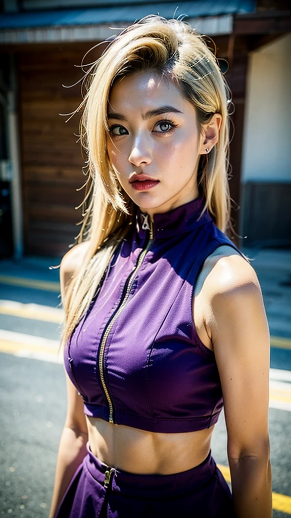 Top quality, 8k, 32k, Masterpiece, photorealistic, realistic, (photorealistic:1.3), solo, smile, (dramatic lighting:1.2), professional makeup, (natural big breasts:1.2), (seductive:1.2), (sexy:1.2) beautiful white face shining, gorgeous face, pink cheeks, natural sexy lips, porcelain skin, detail intricate, super detailed, super high, highest detailed, high detailed, delicate, incredible detailed, fine detailed, (cinematic lighting:1.2), top quality, smooth and beautiful, CG, unity, 8k wallpaper, Stunning, fine detail, unity CG wallpaper 8k ultra-detailed, large file size, ultra-detailed, high resolution, incredible detail, stunning detail, depth of field, (Ino Yamanaka), young girl, (pale skin), (long hair:1.3), ((light blonde hair with bangs framing the right side of her face)), (light blonde eyebrows), (ponytail), ((light blue eyes)), beautiful detailed eyes, (purple color shirt, zipper Front Sleeveless Shirt, crop top, Solid Collar Shirt), purple skirt, cowboy shots, old village, shining day, garden