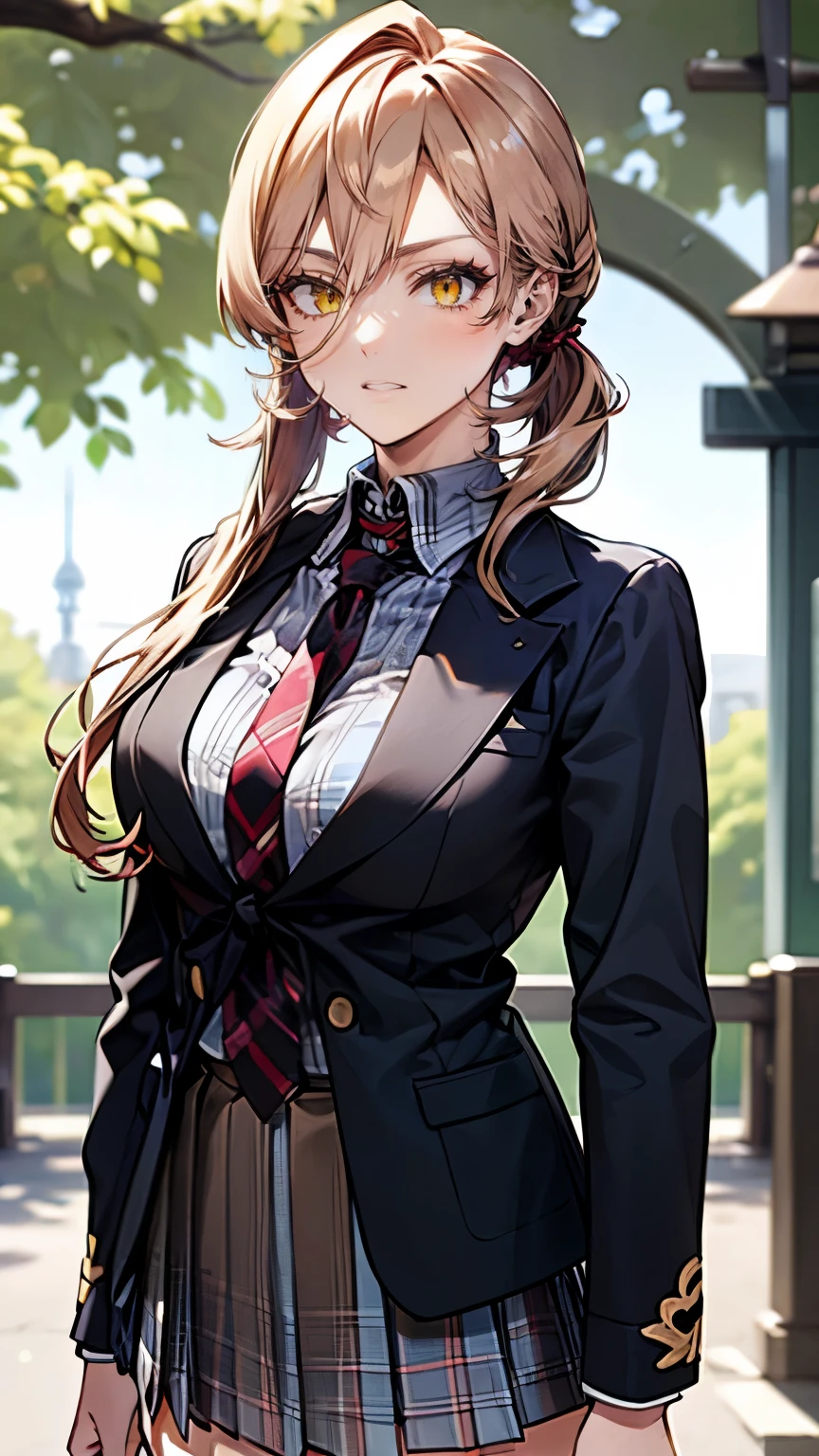 (masterpiece:1.3, Highest Quality, ultra high resolution, Super Details), (realistic, photorealistic:1.3), beautiful illustration, perfect lighting, natural light, colorful, depth of field, 2025's       , , 
Beautiful Delicate Hair, beautiful detailed face, Beautiful Tourist Destination Details, (perfect anatomy, anatomically accurate, Super Detailsスキン), Pink Skin, about, 
stares at viewers, (face focus, upper body), 1 GIRL ON BREAKDAY, high school girl, cute and symmetrical face, perfect face, perfect eyes, perfect body, babyface, cute face:1.2, Tiny, 
(middle hair, twin tails, LONG SIDE LOCK, light brown hair),   Jewelry showing off her bang  , orange eyes, big eyes, long eyelashes, (Medium Bust, narrow west       , Sensual Thighs), skin dentation, 
(detailed fabric texture), 40s ((uniform, dark blue plaid pleated skirt, long sleeve, dark blue blazer)), 40s ((dark green plaid tie)), 40s (white collared shirt), 40s school bag, 
(beautiful scenery), summer, evening, Detailed Background, (school gate:1.5), walk, (pose with movement), (    彼女の 彼女の 彼女の highlight her sexy breasts      、    彼女の 彼女の highlight her sexy breasts     、    彼女の highlight her sexy breasts    、    highlight her sexy breasts   、   highlight my sexy breasts  、   let me eat 、 nice smile, Shy Butts, , parted lips),