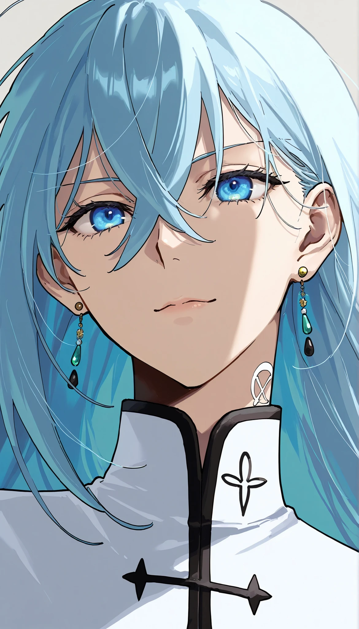 score_9,score_8_up,score_7_up,1girl,solo,vivydiva,serene expression,portrait,white symbol on neck,jewelry,earrings,dynamic angle, model pose, gentle smile, vivy fluorite eye's song, light blue hair, dim background, delicate details, full body portrait