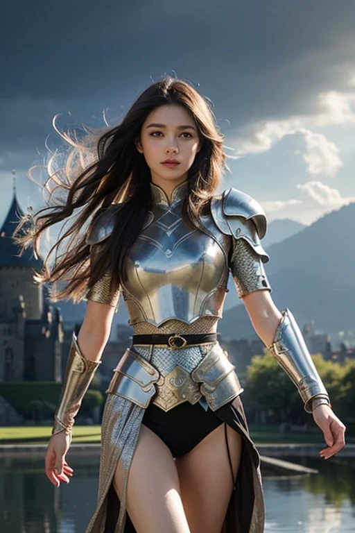 masterpiece, The best quality, Ultra-high resolution, High detail photo, Unity 8K Wallpaper, Extremely detailed CG:1.2), depth of field, bokeh, (RAW photo:1.realistic photography:1.4), (1girl:1.5), young, physically based representation, beautiful, (Finely detailed face:1.4, detailed clothing), (detailed:1.4) named (Eimi Fukada:1.1) BREAK Cara hermosa, depth of field, Add layer, hyperrealistic, 27 years old, perfect body model, perfect breasts, 175cm tall, pose sexy, full body, Whole body, Model Body Type, BREAK (extreme skin details:1.1), skin details, (metal Valkyrie costume:1.3), (cape:1.3), double eyelid BREAK smile, seductive pose, standing, standing outside, medieval house, outdoor, medieval style, (castle:1.3), (close up:0.3), feathers, floating feathers, french braidsNikon Z7 II camera, Fuji Velvia 50 film, 50mm lens, high saturation
