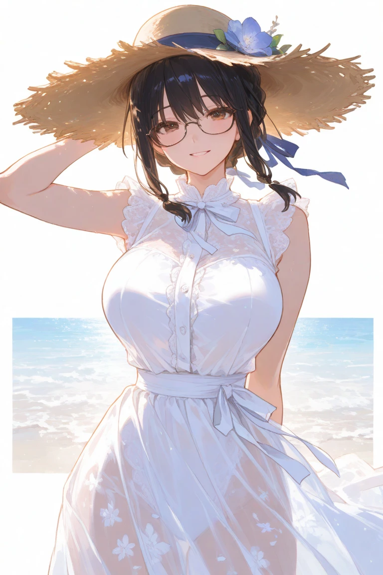 A with big breasts, plump figure, round, dressed in a baby yellow wedding dress, lace bikini, bikini with lace cutouts, on the beach, glasses and wearing a thin tulle