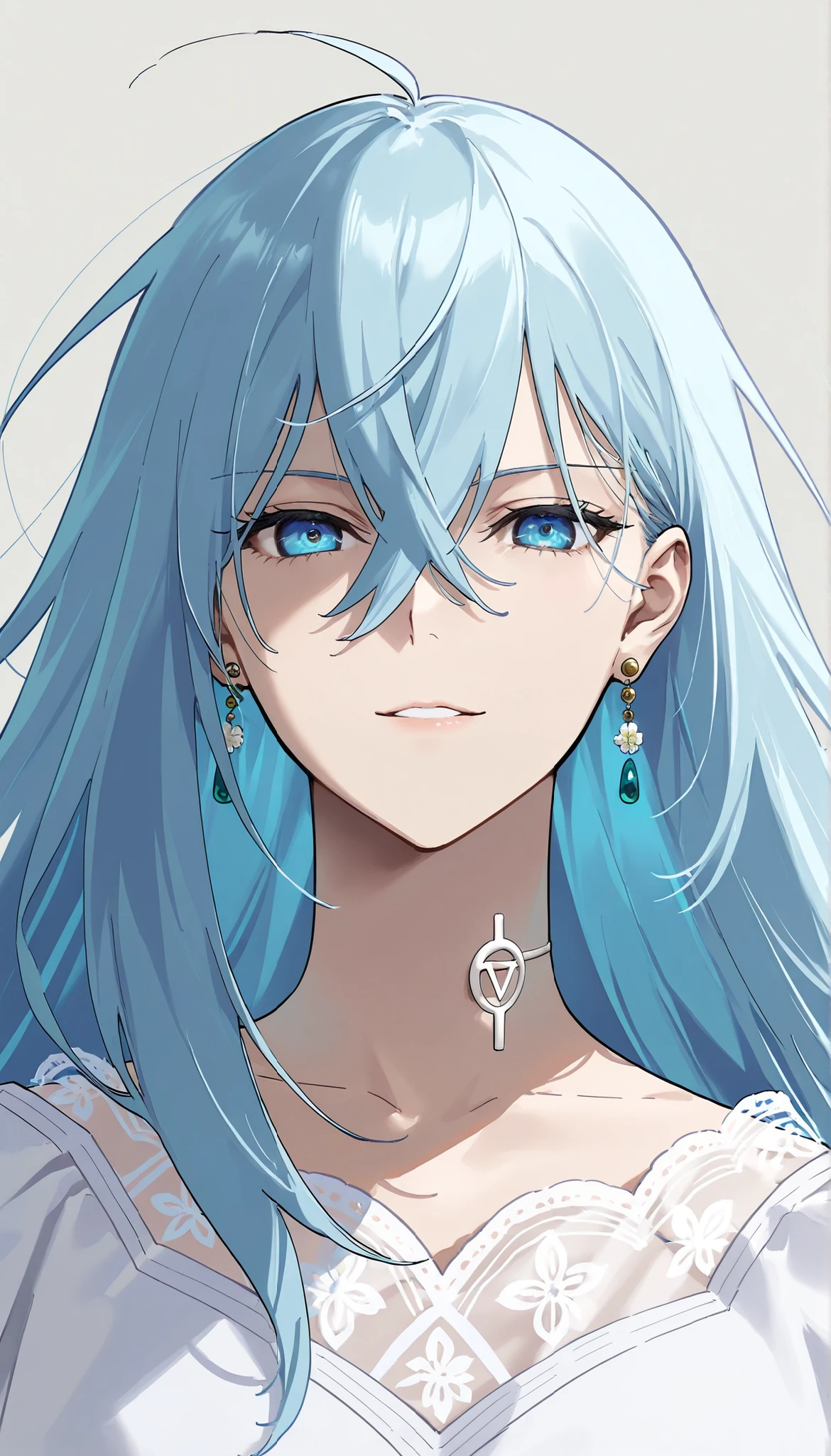 score_9,score_8_up,score_7_up,1girl,solo,vivydiva,serene expression,portrait,white symbol on neck,jewelry,earrings,dynamic angle, model pose, gentle smile, vivy fluorite eye's song, light blue hair, dim background, delicate details, (full body portrait)