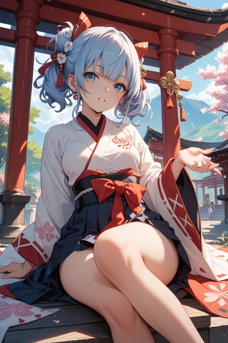 watercolor, Smile, (Backstep:1.2), close , chest, Inverted up_Nipples, One girl trembles, Default, Short tall girl, (japanese sarashi:1.4), Japanese Shrine Maiden Uniform, Japanese Festivals