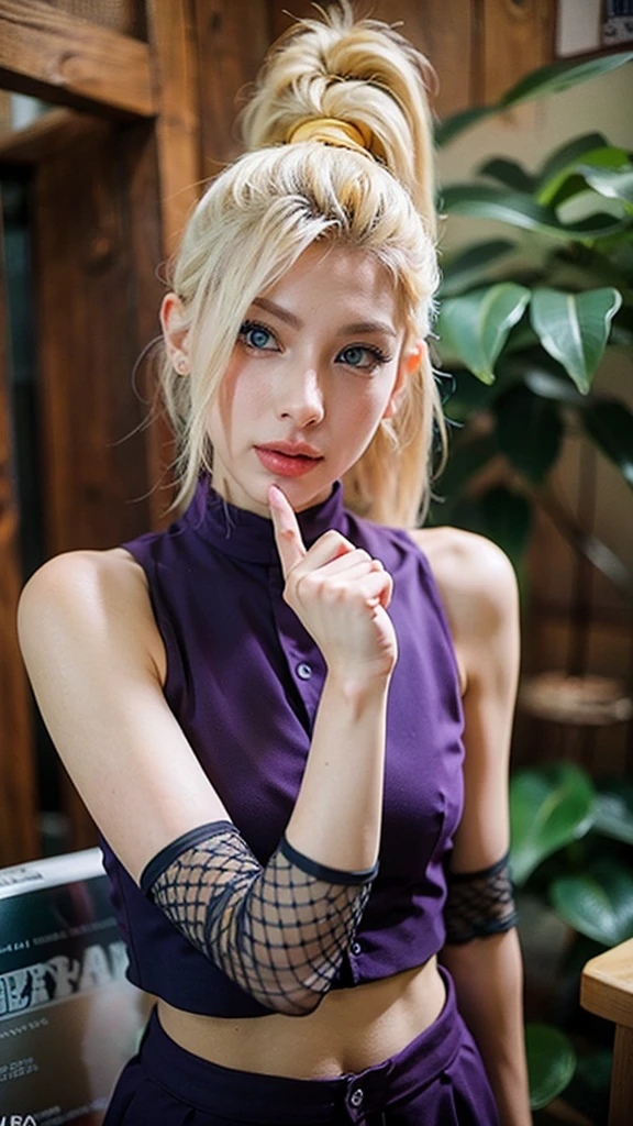 ((Ino Yamanaka))), Ino\(shippuden\), hair_over_one_eye, blonde_hair, blue_eyes, purple top, purple skirt, show belly, perfect body, perfect face, she is smiling, masterpiece, realistic, highres, best quality, cinematic, dramatic lighting, (((detailed hair, face, eyes, pupils, clothes, skin))),full body, ,ino_yamanaka, blonde hair, hair ornament, bare shoulders, green eyes, ponytail, hairclip, hair over one eye,,more_details:-1, more_details:0, more_details:0.5, more_details:1, more_details:1.5, ino_yamanaka, blonde hair, hair ornament, bare shoulders, green eyes, ponytail, hairclip, hair over one eye,FULLBUST-FC, CLEAVAGE,black lace lingerie,bedroom,sitting down,legs crossed,looking at viewer,smiling