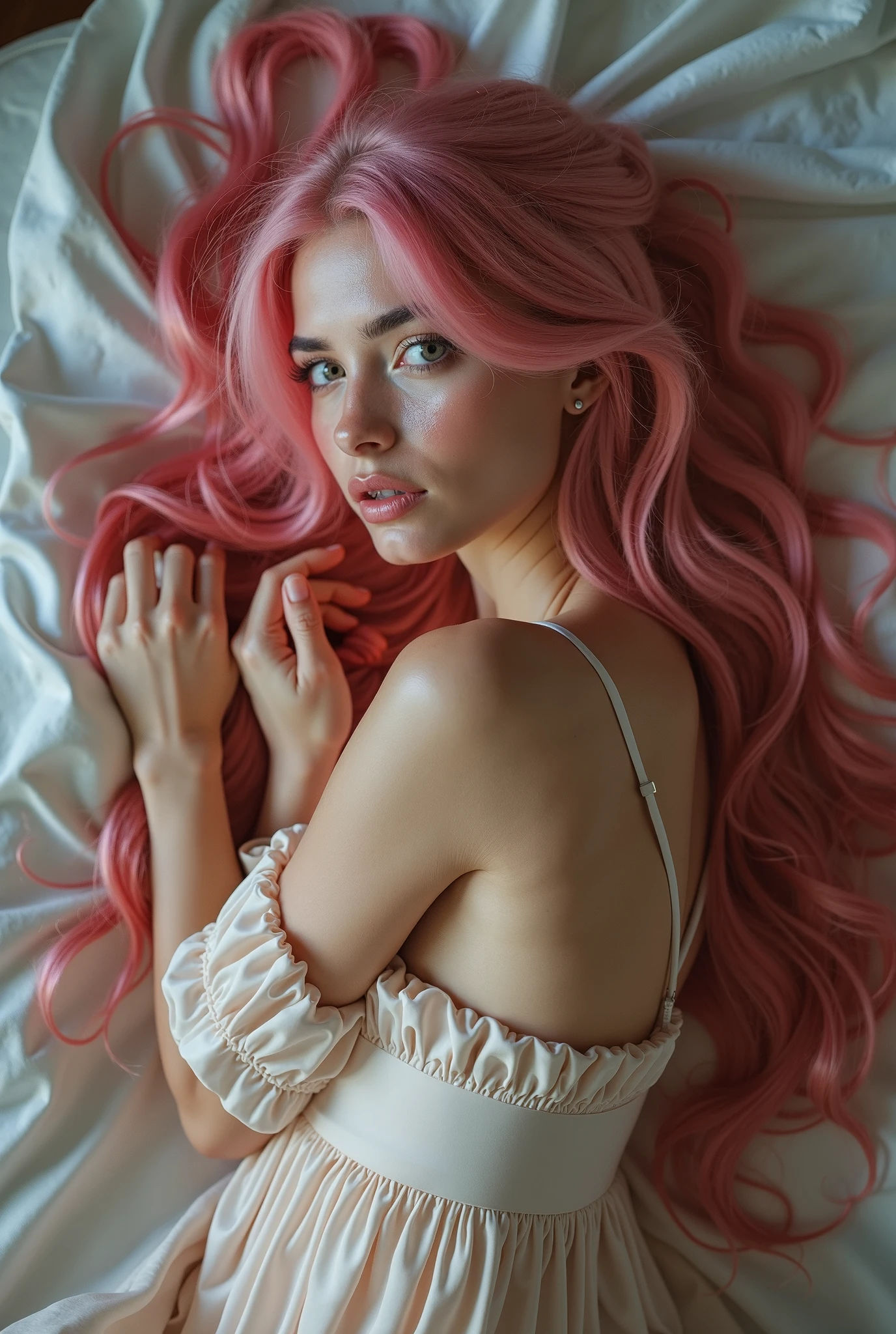 very attractive 25 year old girl with long wavy bright pink hair, lying naked on a bed, face down, partially covered with a sheet, photo quality