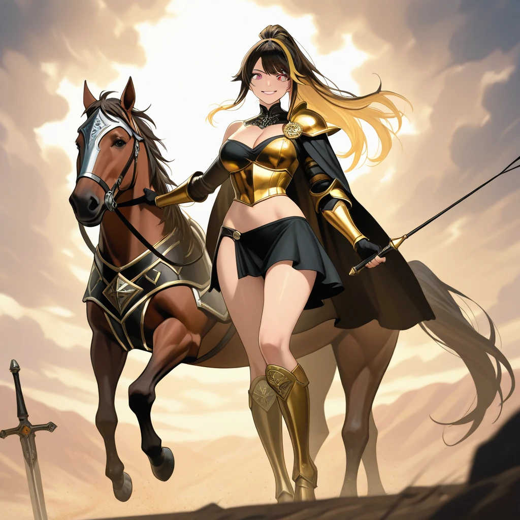 Big Brabant stallion emitting jet of yellow from rear, in a grass field. being ridden by a large dark skinned nude full figured  African woman rider