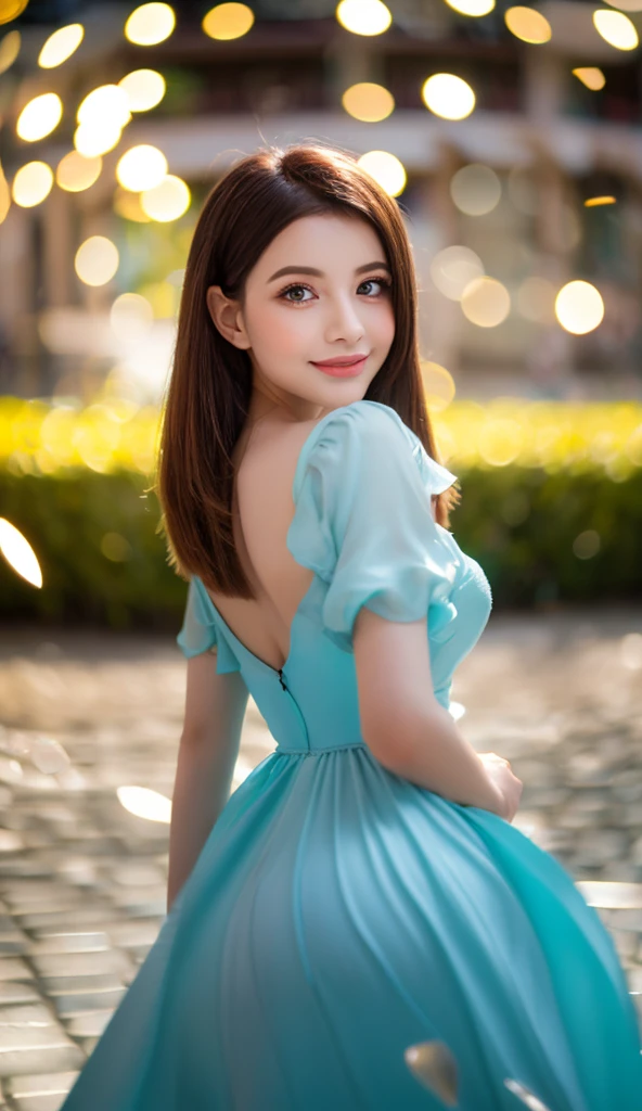 リアルな写真image quality、８ｋimage quality、A Japanese woman in her fifties wearing a sheer pale blue dress, beautiful young japanese women, gorgeous young japanese women, Beautiful Japanese girl face, Beautiful girl model, Japanese Model, Cute and elegant pose, Beautiful model girl,  Cute young woman, Elegant Japan Woman, smile、Stroll along forest paths、big breasts