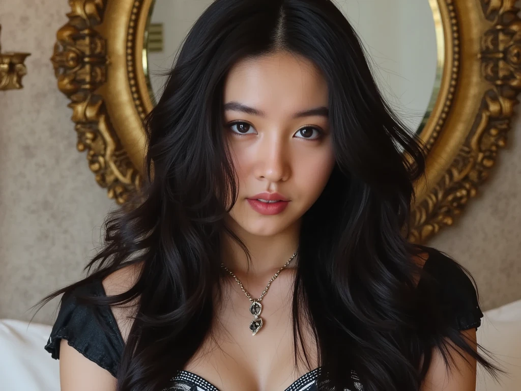 In  the bedroom, top quality, Japanese woman, full body, detailed eyes, black hair,  Striped Sexy Lingerie, gravure pose