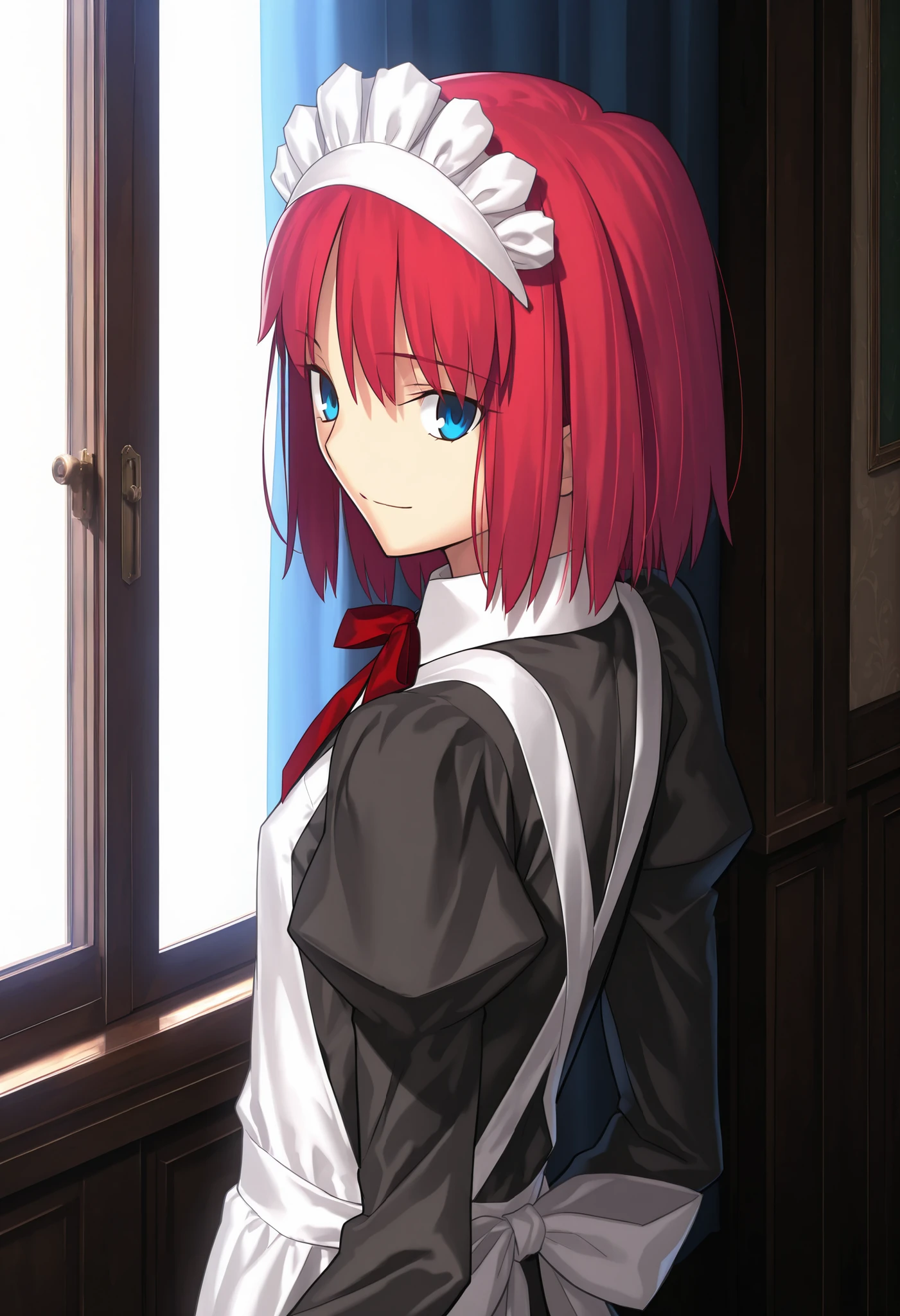 masterpiece, , absurdres, highres, detailed background, high resolution, masterpiece, necessary, detail, best quality, quality, necessary, details, High details, Precise, dark, indoors, school, day, from above, from back, upper body,
1girl, , Takeuchi Takashi (type-moon,tsukihime) style, takeuchi takashi style, solo,
girl, (hisui (tsukihime), light blue eyes, red hair, short hair, bob cut, maid headdress, neck ribbon, red ribbon, juliet sleeves, maid, maid apron, collared dress), (tsurime), (), expressionless, light smile,
(black dress shirt, white apron), , dark red ribbon, small breast, flat chest, , looking back, ,
