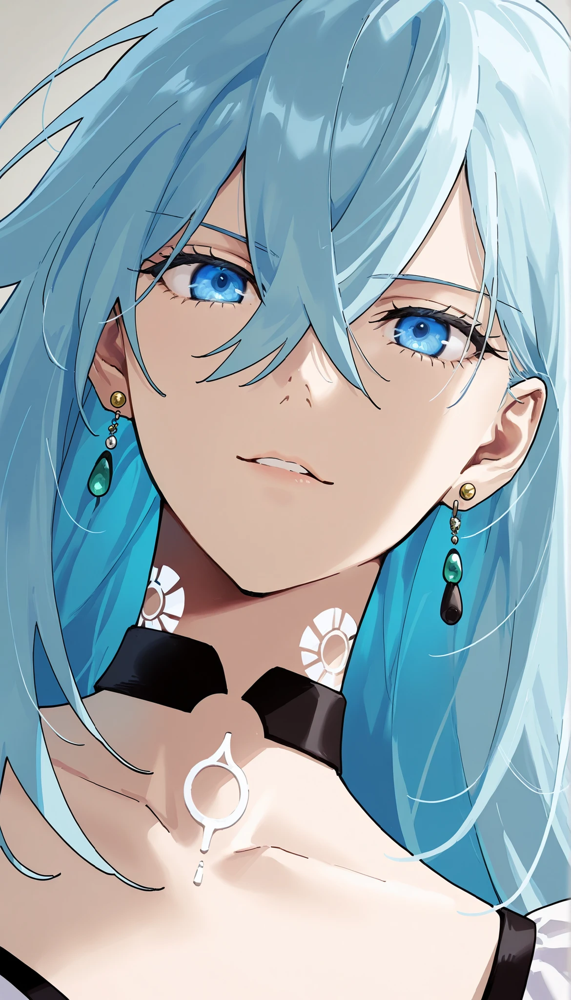 score_9,score_8_up,score_7_up,1girl,solo,vivydiva,serene expression,portrait,white symbol on neck,jewelry,earrings,dynamic angle, model pose, gentle smile, vivy fluorite eye's song, light blue hair, dim background, delicate details, full body portrait