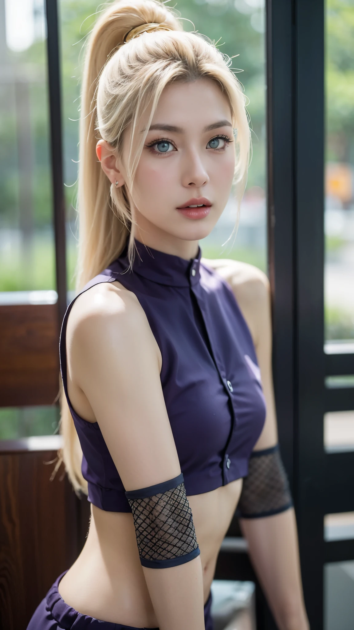 "Create a hyper-realistic portrait of Ino Yamanaka from Naruto Shippuden, reimagined as a real-life person. She has long, straight platinum blonde hair with a side part and a slim, elegant face. Her eyes are light blue, sharp and expressive, framed by natural-looking makeup. She wears a stylish, modern version of her signature purple outfit — a sleek, sleeveless crop top with mesh detailing, and a matching high-waisted skirt with subtle ninja-inspired textures. Add subtle accessories like a silver ninja headband reworked as a fashionable choker and small earrings. Her pose is confident and graceful, with a composed, intelligent expression, standing against a blurred urban Japanese background. Natural lighting, realistic skin texture, and cinematic depth of field. Ultra-detailed, 8K quality, photo-realistic style."