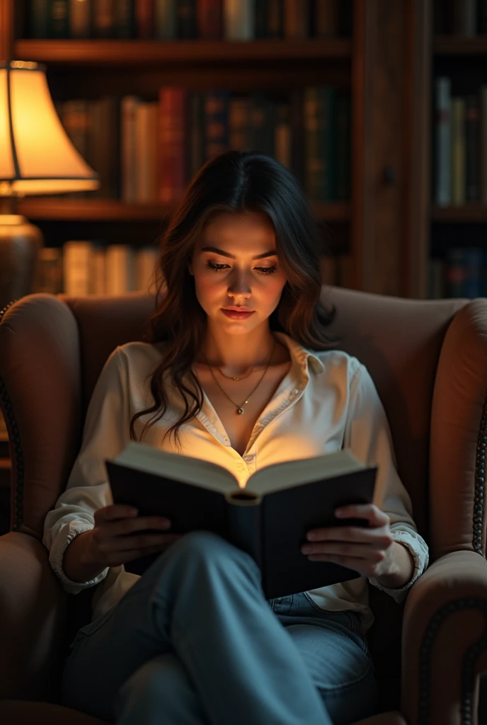 create a drawing of a woman with wavy brown hair and a gray cardigan reading a book