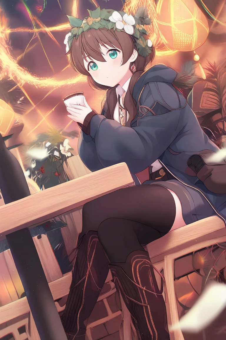 Warm lights, beautiful, cute, long black hair, brown vest, long white shirt, red gloves, orange eyes, blue jeans, brown boots, dark brown belt, sitting,(1 girl,1.3), smiling, medieval background