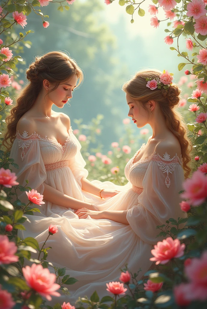 (((group_squeez, multiple girls, group portrait, 3 girls, women together))), ((18 yo, close-up, portrait, detailed face)) , fit , (young) , beautiful , (((pale skin, wavy blonde hair))), (((tight sweater t-shirt, busty cleavage, dreamy, loving stare, bright magical fairytale fantasy atmosphere, sexy))), flowers in hair, surrounded by flowers, happy, playful, ((large soft heavy breasts)), in love, ((((magical mist energy, hair flower)))), ((blush, pretty, elegant, oil painting, classic painting, cute, youthful, teen, teenager)), ((((tight t-shirt))))