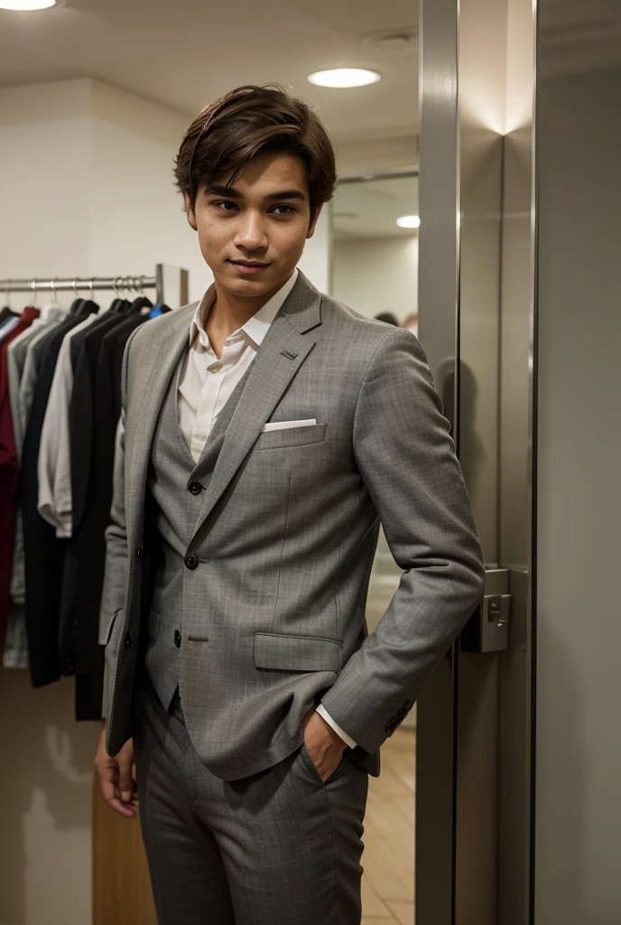 ((Highest quality, 8K)), Sharp focus: 1.2, Beautiful men with perfect body shape: 1.4, Slim Abs: 1.2, Shortcuts, Casual Suits, Highly detailed face and skin texture, Beautiful Eyes, double eyelid, big, smile,