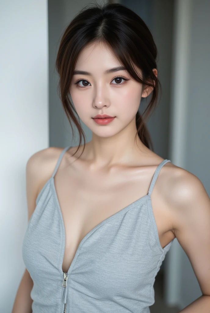 ((Best Picture Quality, 8K, tmasterpiece:1.3)), 1girl, Beautiful woman with slender abs:1.3, (Casual hairstyle, Leaky big breasts:1.2), shift dresses:1.1, Ultra-fine face, Detailed eyes, double eyelid,ssmile,Big Breasts,Cleavage,Cleavage,