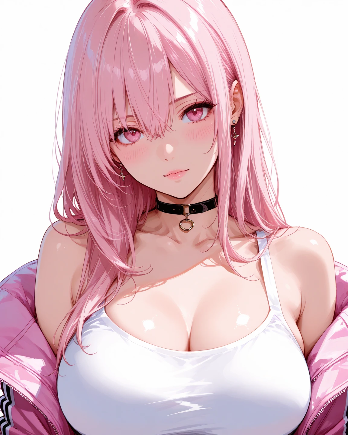 Hot girl, baddie, off shoulder, staring, glaring, shin raised up high, bad attitude, mean girl, dare, pastel pink hair, dark black eyes, fluffy hair, hair over eyes, angry, hate, crazy