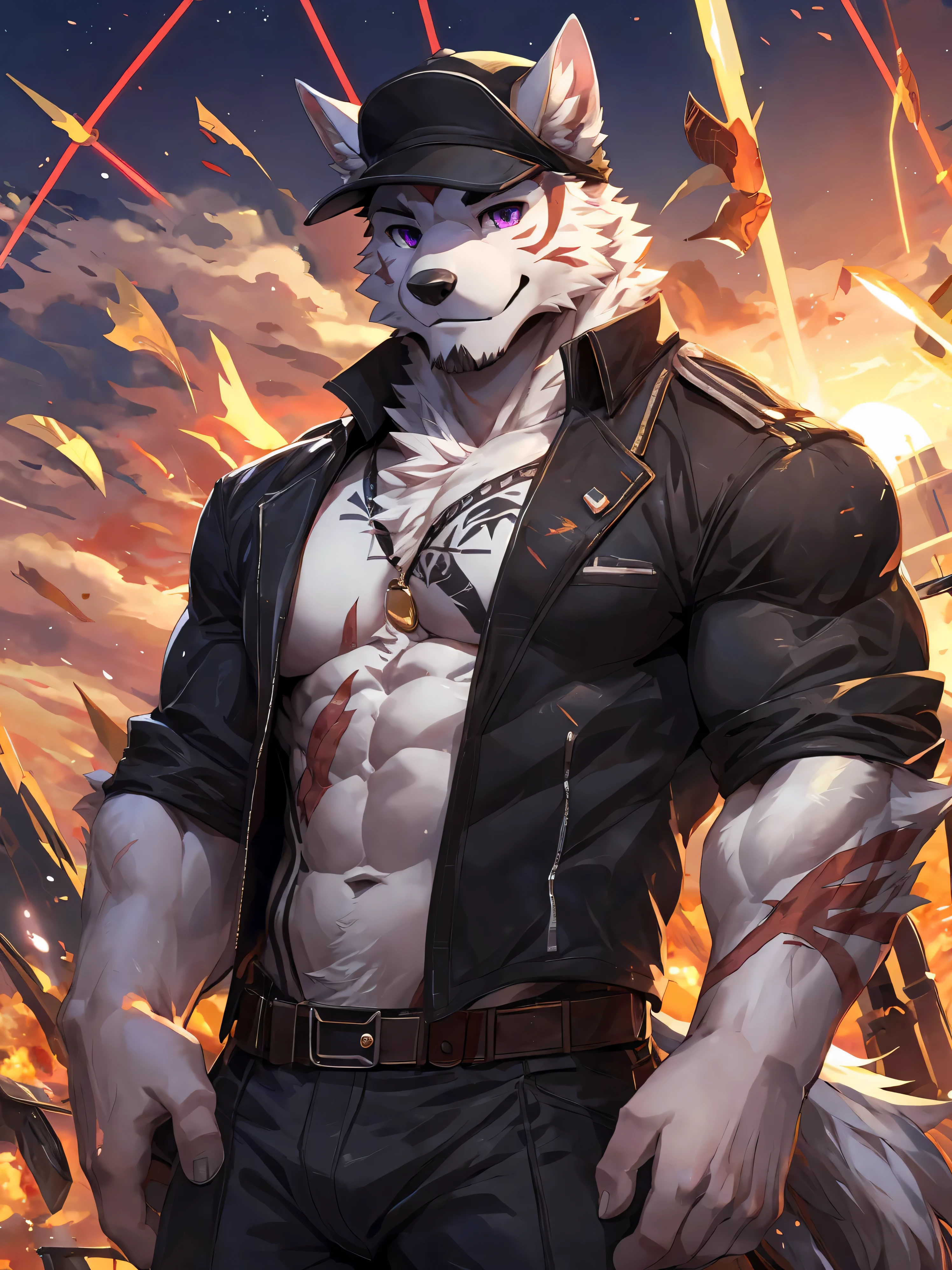 1boy, solo, wolf, (midnight blue fur), red hair, red eyes, white eyebrows, strong body, muscular body, brawny body, husky, black cropped jacket, black pants, look away, closed mouth, look down, burning site, side angle, sad