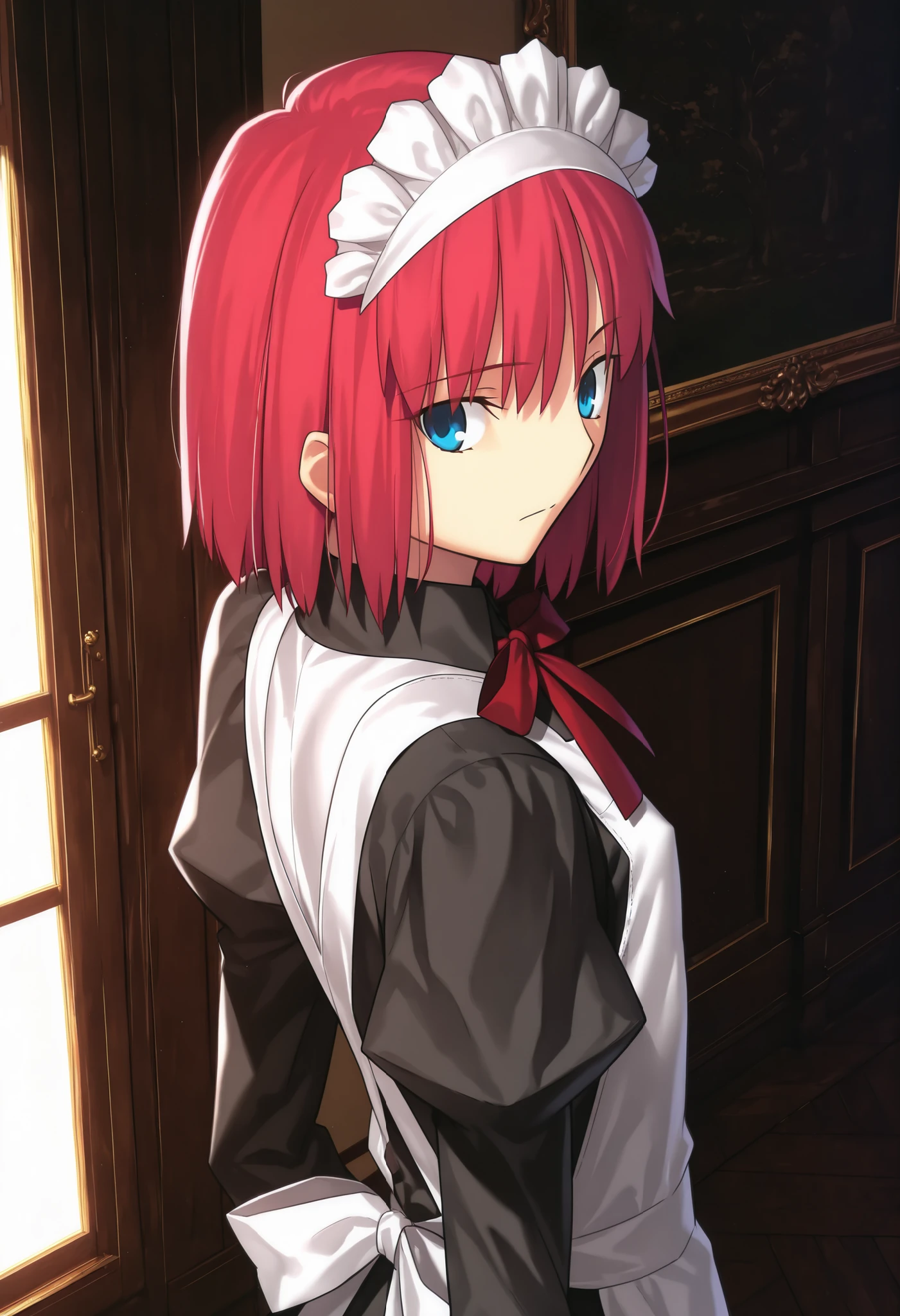 masterpiece, , absurdres, highres, detailed background, high resolution, masterpiece, necessary, detail, best quality, quality, necessary, details, High details, Precise, dark, indoors, school, day, from above, from back, upper body,
1girl, , Takeuchi Takashi (type-moon,tsukihime) style, takeuchi takashi style, solo,
girl, (hisui (tsukihime), light blue eyes, light red hair, short hair, bob cut, maid headdress, neck ribbon, red ribbon, juliet sleeves, maid, maid apron, collared dress), (tsurime), (), expressionless, ,
(black dress shirt, white apron), , dark red ribbon, small breast, flat chest, , looking back, ,