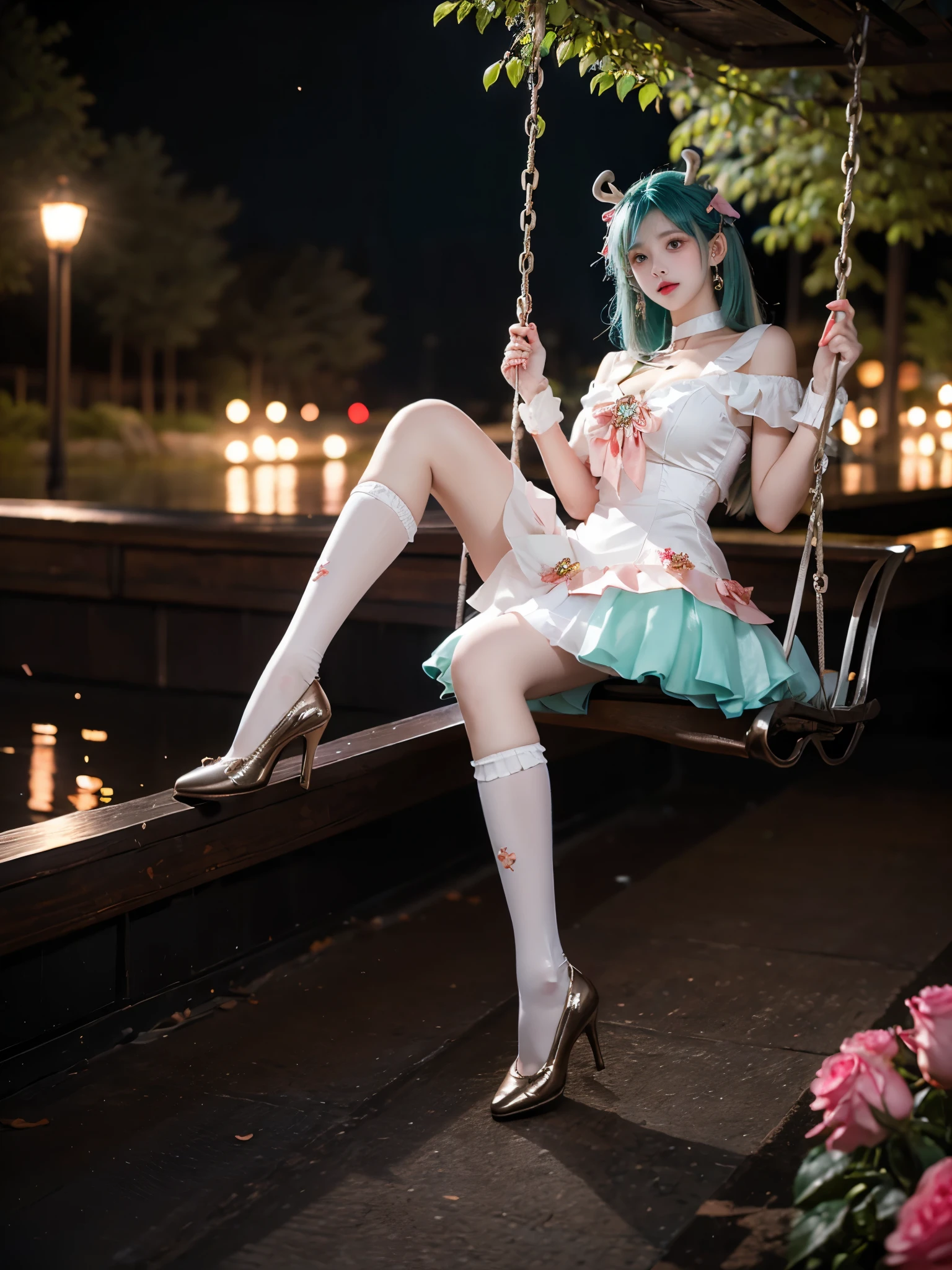 yao cosplay costume, aqua hair, dress, shoulder cutout, frills, choker, wrist cuffs, antlers, horns, bow, wings, hair ornament, animal ears, hair bow, hairclip, socks, kneehighs, shoes, high heels ,, A stunning, long-legged model gracefully sitting on a swinging swing at night. Her posture is relaxed and natural, legs swinging gently, showcasing a perfect and anatomically correct leg shape. Her full breasts are subtly accentuated, with a hint of cleavage visible. She wears a very short skirt, revealing smooth, toned thighs. The scene is bathed in the soft glow of neon lights and twinkling fireflies, creating a beautiful and romantic atmosphere. She's surrounded by lush flowers, with roses prominently featured in the foreground, adding depth and vibrancy. The overall style is elegant and sensual, capturing a moment of peaceful reverie.