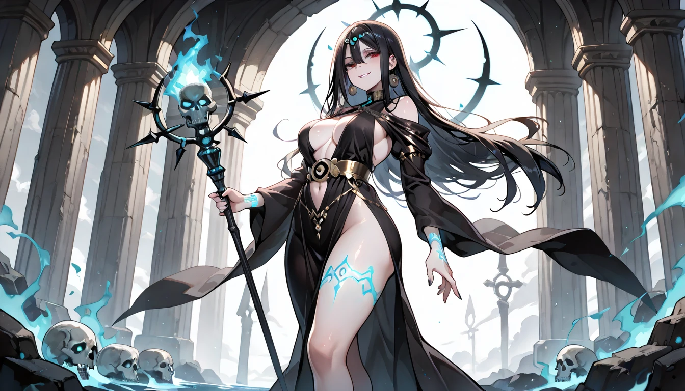 A Dark Mage, milfication, long hair, flowing hair, nakedly, perfect face, perfect body, Erza, Fauna, transparent robes, magical cloaks, milf, mature female, mom, earrings, bright red lips, very large breast, oppai, hentai, curvy but thin, beautiful thighs, nude, elegant body, (pose=stand, spread legs, casting magic), float magical spells, light-trail from her magic, particle of light, mage in fantasy world, otherworldly with backgrounds, old games background, ancient ruins, Medieval, tone=dark, eerie, ominous