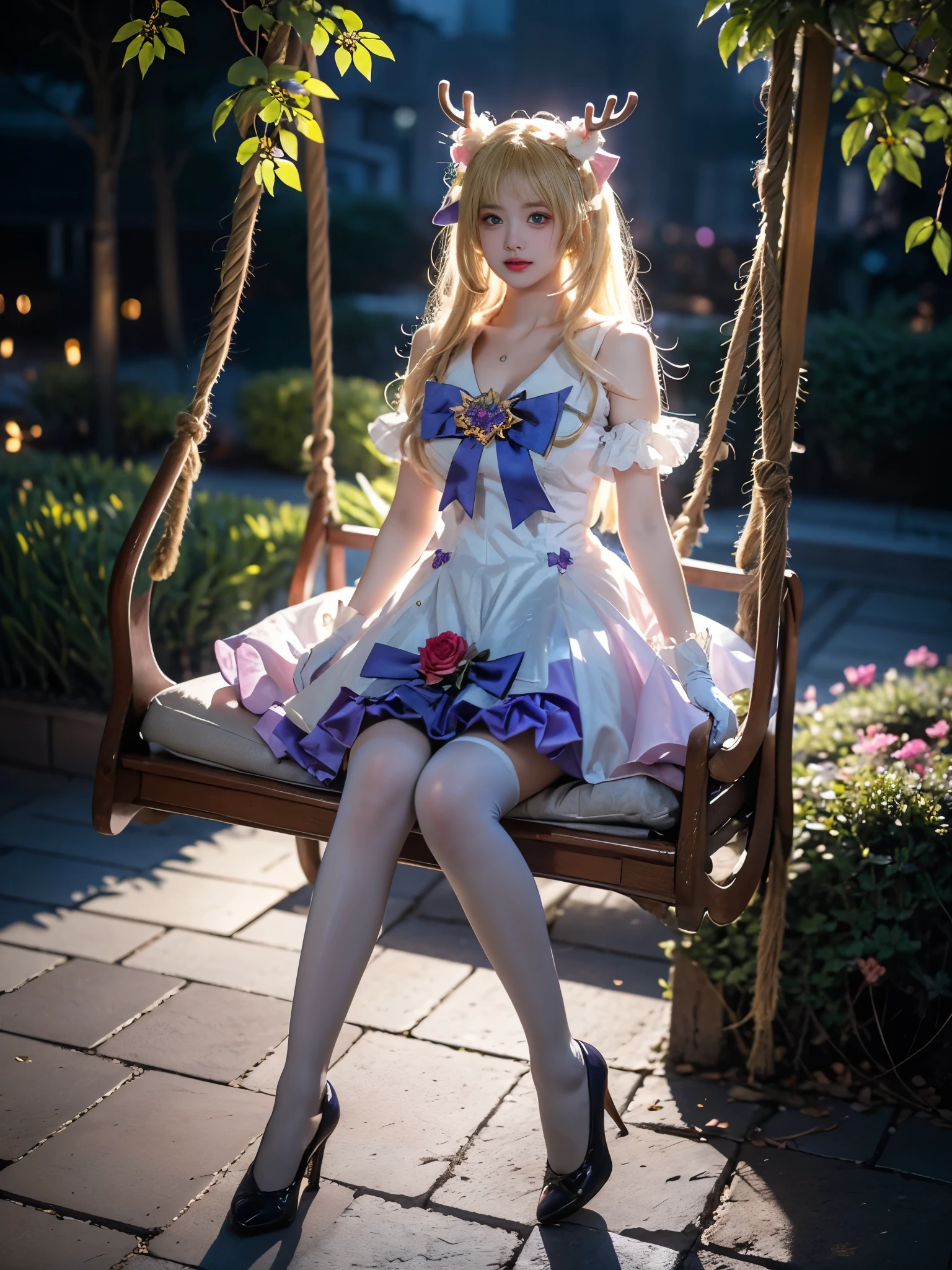 yao cosplay costume, cosplay, blonde hair, dress, gloves, white gloves, antlers, animal ears, horns, bow, hair ornament, wings, thighhighs, white thighhighs, purple high heels ,, A stunning, long-legged model gracefully sitting on a swinging swing at night. Her posture is relaxed and natural, legs swinging gently, showcasing a perfect and anatomically correct leg shape. Her full breasts are subtly accentuated, with a hint of cleavage visible. She wears a very short skirt, revealing smooth, toned thighs. The scene is bathed in the soft glow of neon lights and twinkling fireflies, creating a beautiful and romantic atmosphere. She's surrounded by lush flowers, with roses prominently featured in the foreground, adding depth and vibrancy. The overall style is elegant and sensual, capturing a moment of peaceful reverie.