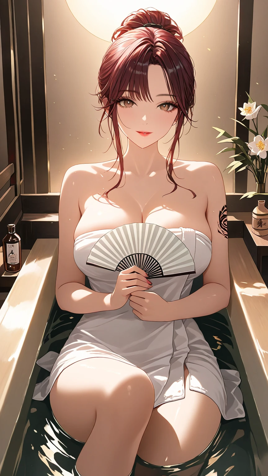 (((masterpiece, best quality))), (((superior quality))), cute girl, ((extremely detailed girl)), (huge breasts), (yukata), (bare shoulders), strapless top, slight smile