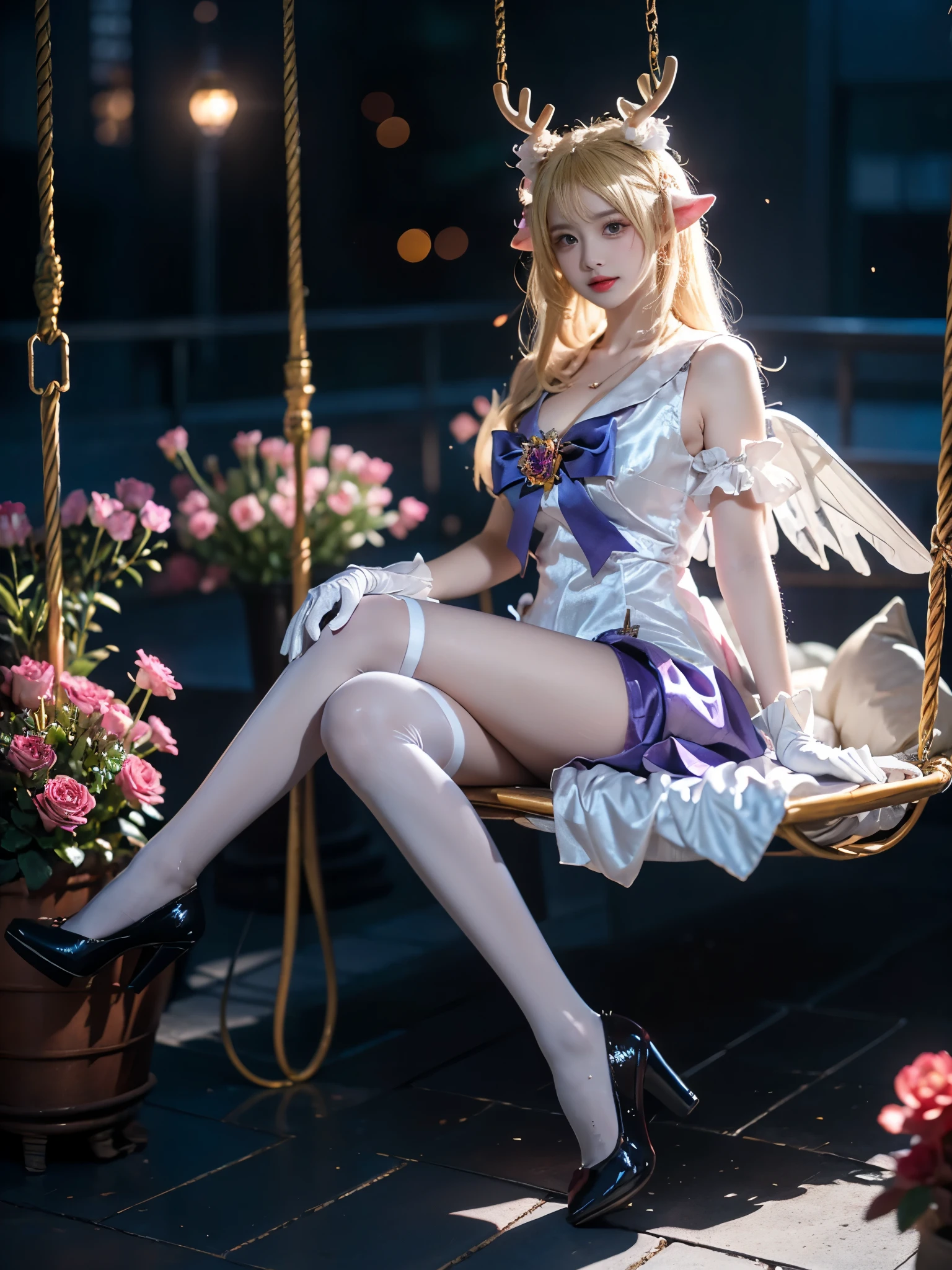 yao cosplay costume, cosplay, blonde hair, dress, gloves, white gloves, antlers, animal ears, horns, bow, hair ornament, wings, thighhighs, white thighhighs, purple high heels ,, A stunning, long-legged model gracefully sitting on a swinging swing at night. Her posture is relaxed and natural, legs swinging gently, showcasing a perfect and anatomically correct leg shape. Her full breasts are subtly accentuated, with a hint of cleavage visible. She wears a very short skirt, revealing smooth, toned thighs. The scene is bathed in the soft glow of neon lights and twinkling fireflies, creating a beautiful and romantic atmosphere. She's surrounded by lush flowers, with roses prominently featured in the foreground, adding depth and vibrancy. The overall style is elegant and sensual, capturing a moment of peaceful reverie.
