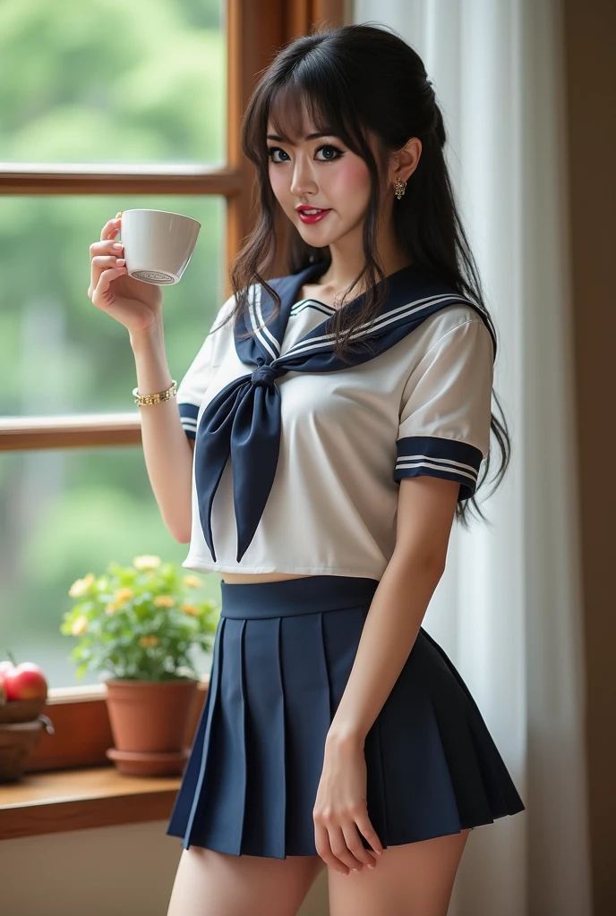 Highly detailed CG Unity 8K wallpaper、highest quality、Super detailed、masterpiece、realistic、Photoreal、Highly detailed cute girl、18-year-old、(High school students wearing Japanese uniforms)、((Photographed from the front:1.4))、((Navy blue high school girl bow tie:1.4))、((Sitting in a wooden box:1.4))、blush、split your lips、looking at the viewer、semi body shot、(A room in a love hotel)、(Japan High and designated shoes)、(navy blue short pleated skirt,:1.5)、(short sleeve white shirt for students)、 (dark blue bow tie:1.2)、(Light brown long hair)、(beautiful face:1.3)、(perfect proportions:1.2)、(long legs:1.2)、(small breasts:1.3)、((have a coffee cup:1.4))、((drinking coffee:1.4))、((Blouse wet in the rain、The brush is transparent))、(Bra is sheer)、(((wet hair、wet skin)))、((Upper body))、reality:1.7、((rain outside the window:1.4))、