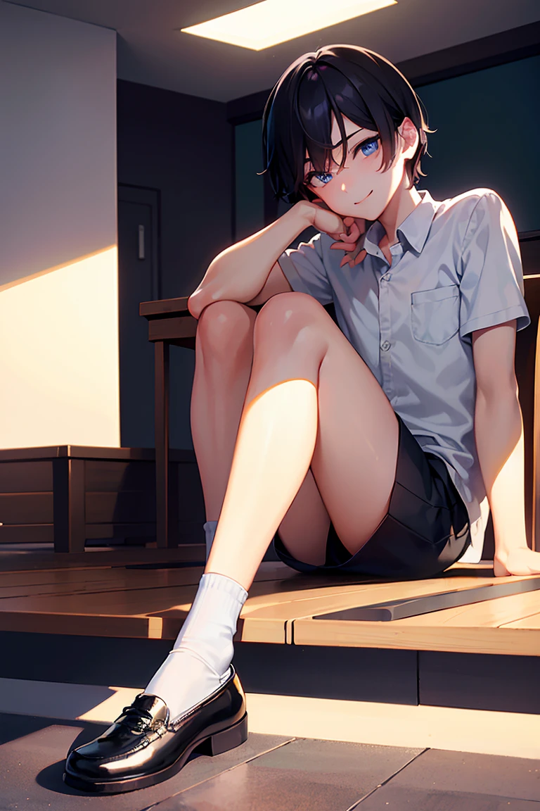 In the classroom,A tall and thin one,Kind of like a black 16-year-old non-mainstream styling boy,A dragon was carved into his arm。The legs are so long,Wearing black silk,Barefoot。sitting on the classroom desk。Photo