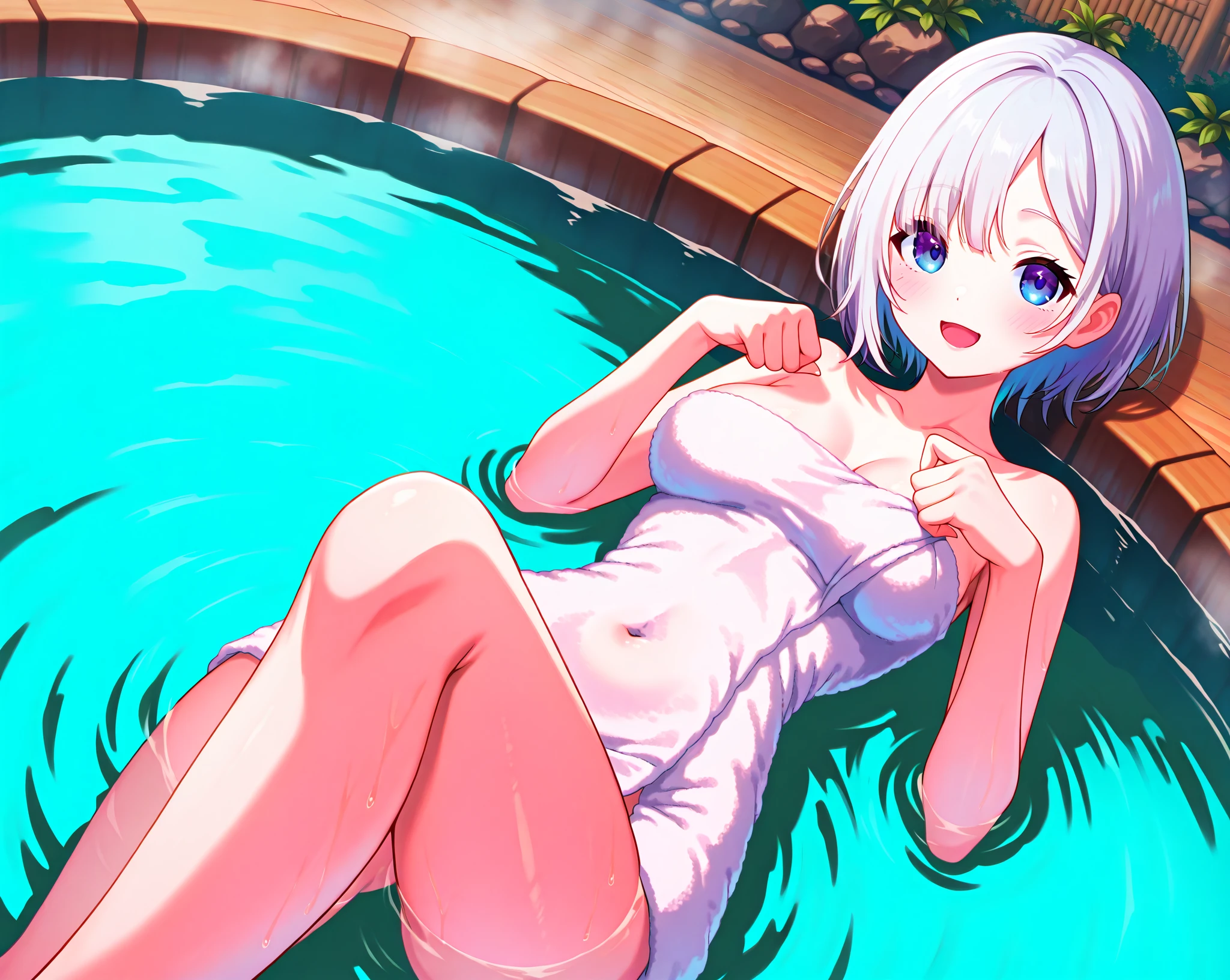 masterpiece:1.2, best quality, (ultra detailed), (highly detailed:1.2), (1girl, solo), arms crossed, spreading legs, open legs, pov, wide-angle shot, bea pokemon, black hairband, (dark-skinned female), hair between eyes, white hair, short hair, solo, grey eyes, large breasts, visible nipples, visible vagina, island, in front of house, house background, skimpy white dress, skimpy pleated skirt, no visible underwear, lifting skirt,