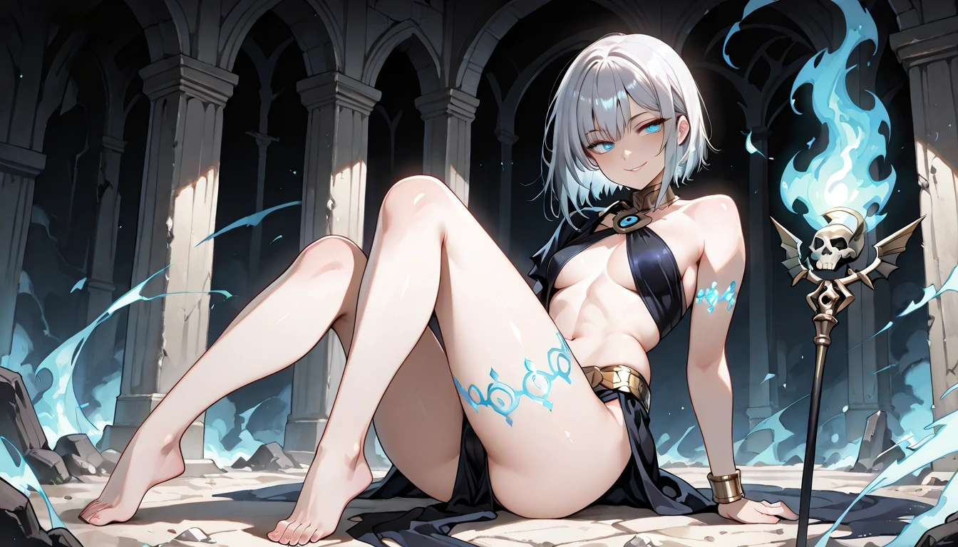 (masterpiece:1.2), (highest quality:1.2), perfect eyes, perfect face, perfect lighting, middle ages, desert, 1 boy,blonde aqua eye, ((((((hair over one eye)))))), Braid Styles, spiked hair, blunt bangs, bob hair, a braid, Ahoge, ((((nude)))), cute eyes, medium breast, glaring, open mouth, ((from above)), ((From the side)),((From above)), (arms behind back), ((wariza)), orgasm, scared, , ((abs)), ((ahegao)), fang, (((dark skin))), crying face, (((cum on pussy)))
