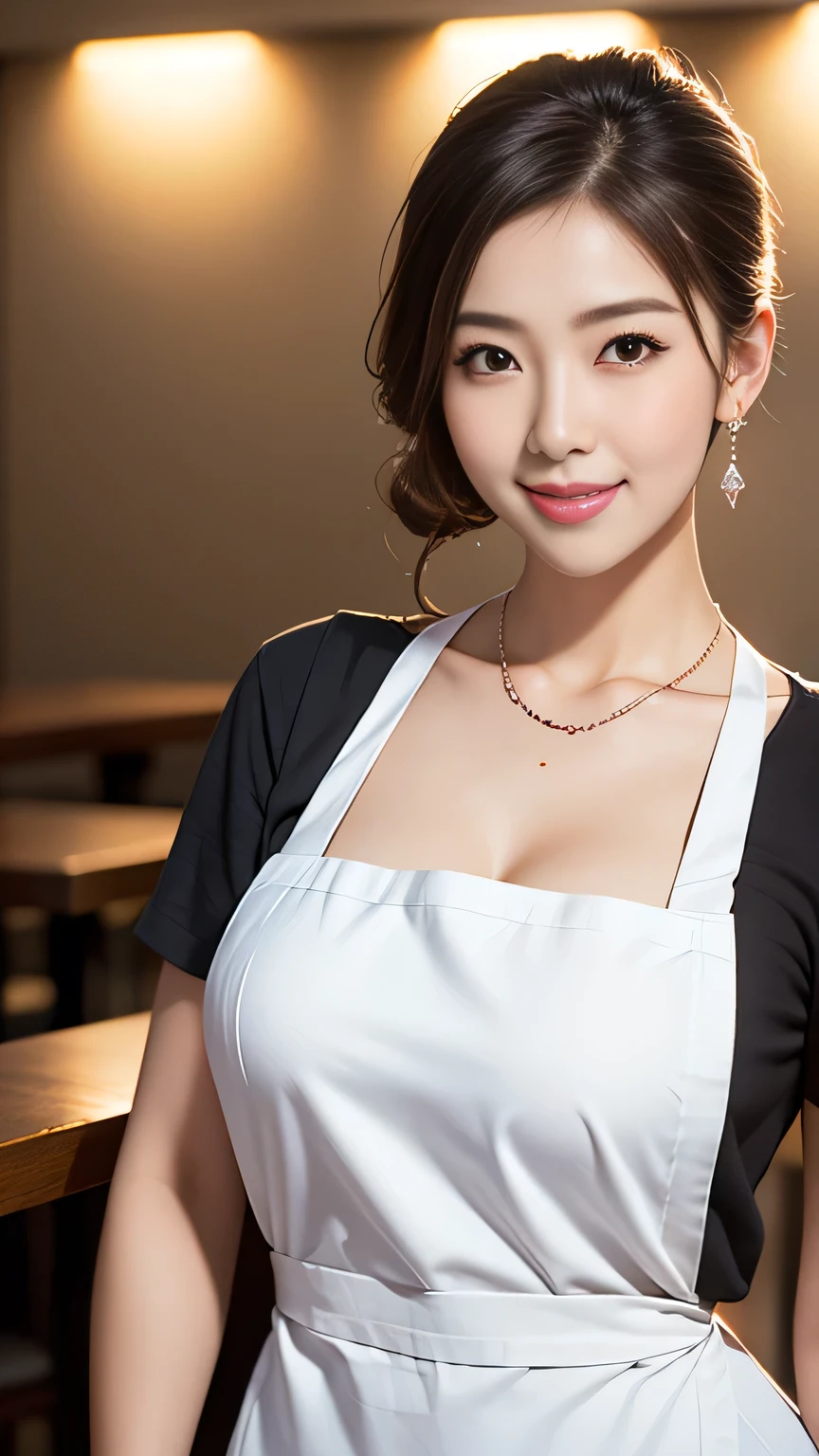 Luxury restaurant night view waitress, Life, Highest quality, shape, Very detailed, In detail, High resolution, 8k wallpaper, Perfect dynamic composition, Beautiful details,  Natural Lip, Waitress upskirt , Big Breasts, ，Cleavage, She is smiling while carrying the meal. ..., A masterpiece of the whole body, Whole body