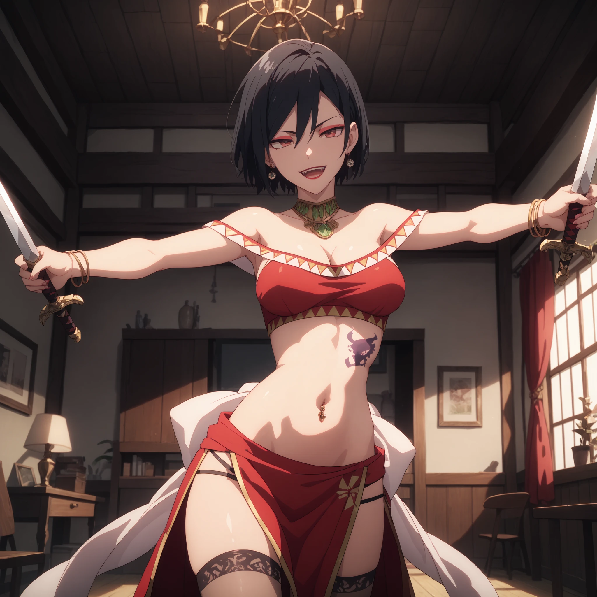 dtbshaozi, best quality, masterpiece, uncensored,1girl, solo,tsurime,black hair,stomach tattoo, midriff, short hair, breasts, navel, earrings, cleavage, medium breasts, bracelet, red eyes, necklace, makeup,lipstick, thighhighs, indoors,room, holding a sword, sword, dual wielding, evil smile, open mouth, smile, outstretched arms, navel piercing, shiny skin, dragon tattoo on waist, narrowed eyes, tattoo on waist, anipai_style , anime screencap , anime coloring