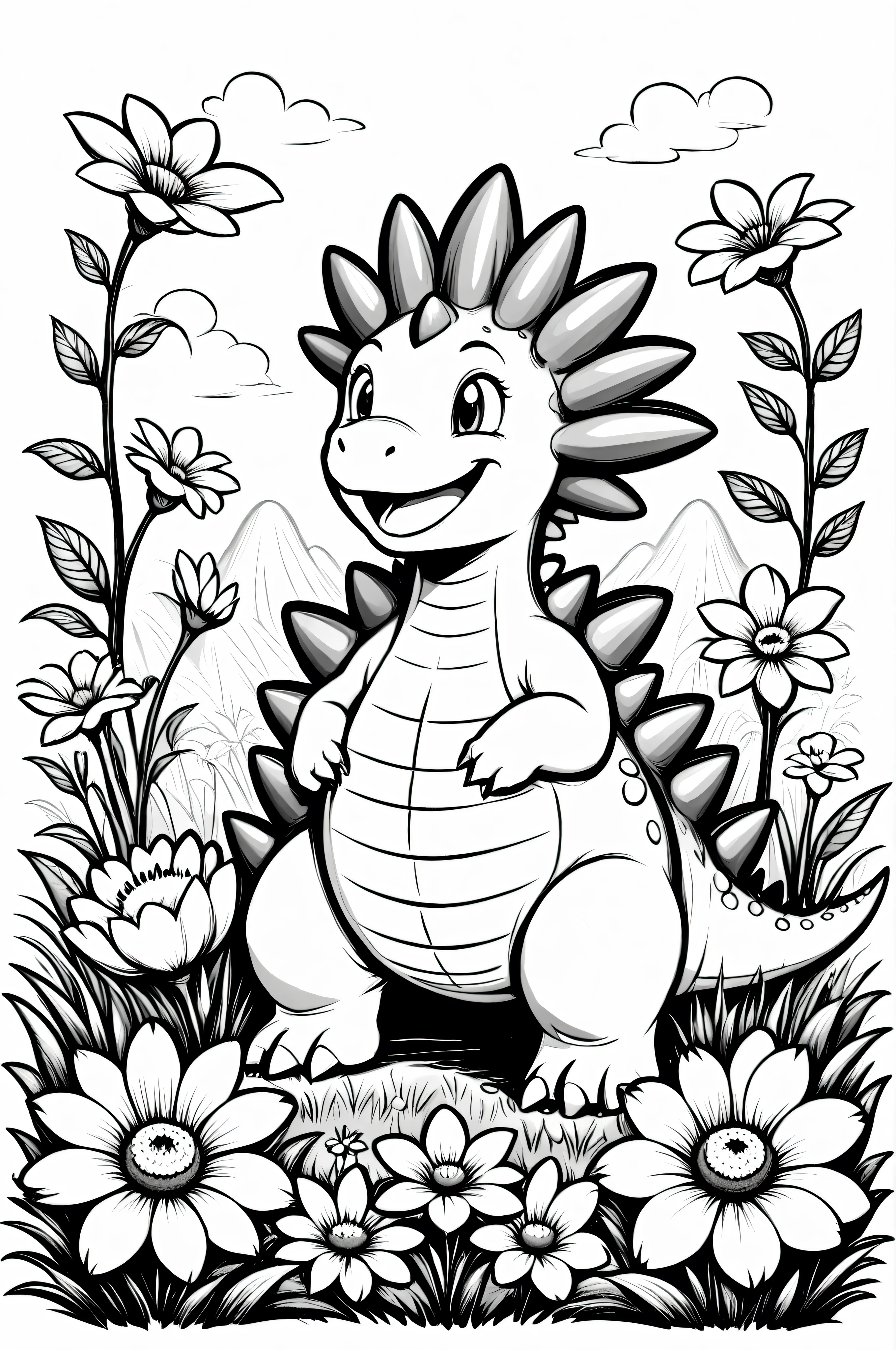 A happy stegosaurus, on the grass with six beautiful flowers around, thick black lines, white background, cartoon style, black and white image