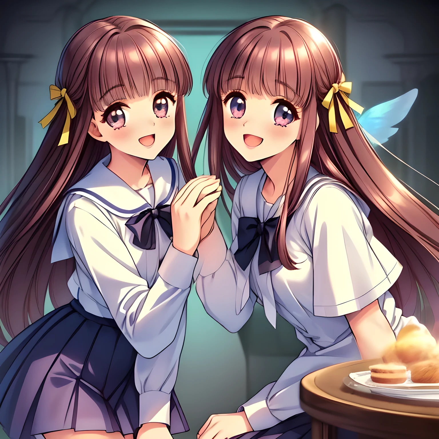 (highest quality, masterpiece:1.2), highest quality, High resolution, 1080p, 8K, (Three amazingly beautiful noble pure clean neat ethereal (love story heroines) are having a noble tea party together around a table in a underground classroom, inviting me to their world, (very intelligent girls knows everything about my desire), (intelligent and perfectly balanced slender beautiful style), (bewitching laughter), (neat & clean, strong charm, cutely tilted head, fluttering saying never stop: 1.5), (Too noble beautiful heroine), ((neat innocent ears)), ((white smart face)): 1.2), (Too beautiful fascinating shiny (double-lidded) (thin (deep purple ethereal eyes)), ((deep upper girly eyelid)), laughing with detailed clearly: 1.5), ((amazingly beautiful ((long bobbed)) neat black wavy bewitching noble hair : 1.5)), (slender, small grown intelligent face: 1.5), (sailor-style school uniform, black collar, neat blouse, (black pleats long skirt), school neck blue bow-tie: 1.5), (hypnosis dream background: 1.2), (too beautiful noble rich neat and clean ethereal atmosphere: 2.0), (noble laughter, laughing at me: 1.8), (Everything is organized to have strong effect of hypnosis for me to fall into happiest allusion: 1.5), (The viewer must be transferred to the world of only many beautiful girls right now when he sees the eyes of girls in this picture: 2)