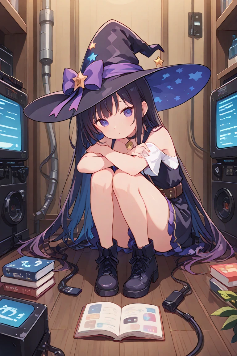 <lora:long_Island_v1.0:0.8>,long_island\(azur lane\),long_hair,blue_eyes,black hair,witch_hat, 1girl, halloween_costume, black_legwear, monitor, sitting, bare_shoulders, food_in_mouth, lollipop,, masterpiece, best quality, extremely detailed face, sharp details, high contrast,