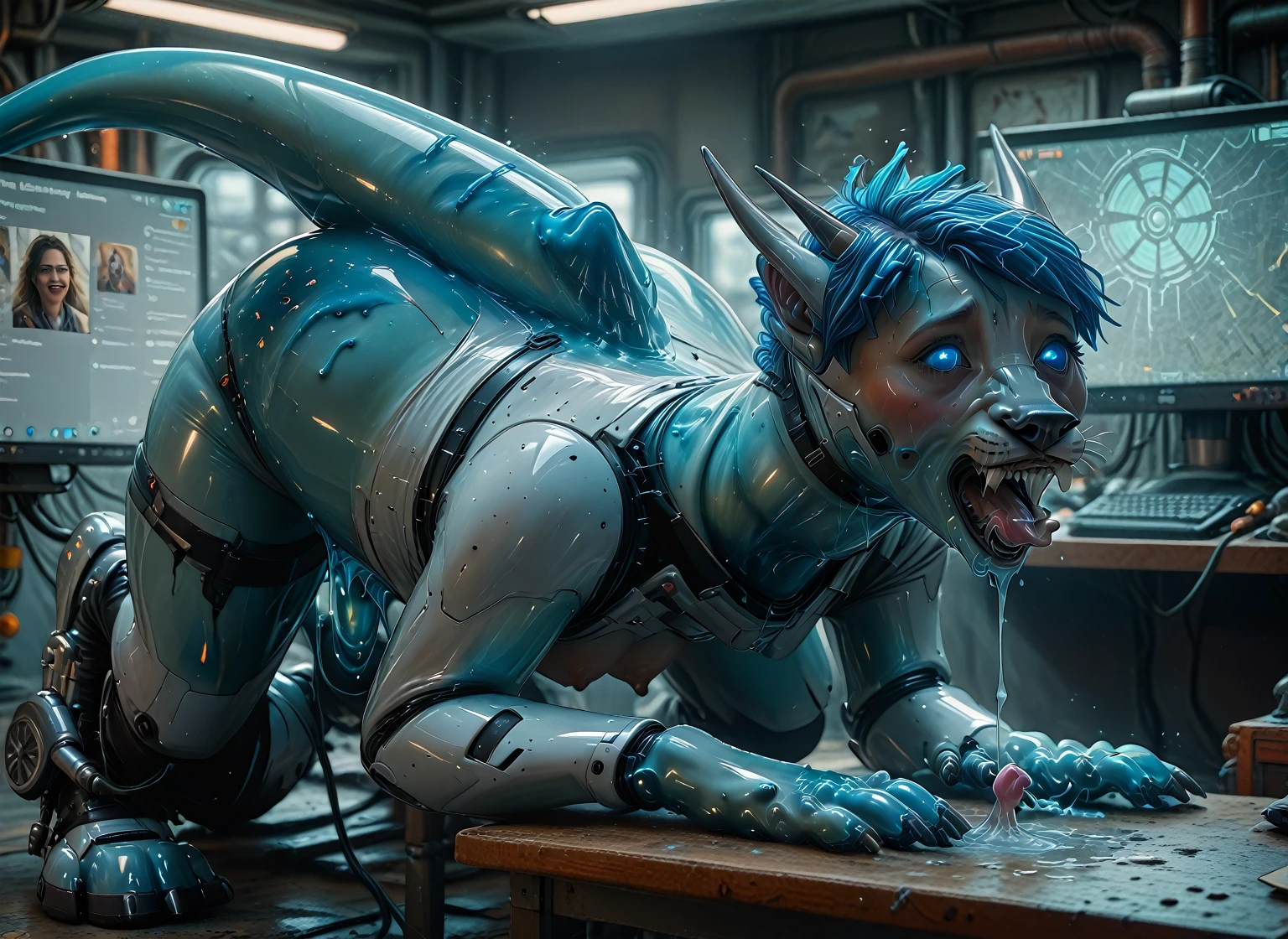 hi res, ((masterpiece)), (best quality),   solo female ((detailed (robot fox))),(gray cybernetic metallic body:1.3),(cybernetic angry fox head,glowing blue eyes:1.3), ,((vagina:1.3)), ((small breasts)),(detailed breasts), [detailed ambient light], detailed face and eyes, ((table)), (front view), ((half body shadow)), backlighting, [gray natural lighting], [higher body and limbs detail],  [higher breasts detail], (shaded), (contented),(detailed Chunie lighting), by Ross Tran, by Android Jones,1boy,(vaginal sex:1.4),((human penis)),sex,(pov),<lora:PovMissionaryVaginal-v1:0.4>
 <lora:Detail Tweaker LoRA v1:0.7>