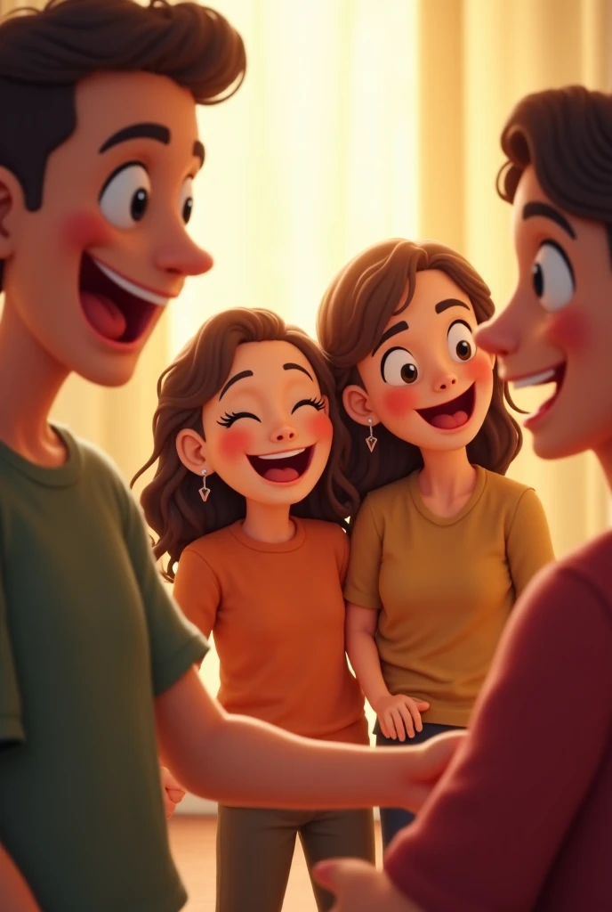 Create a drawing of a young bald father telling his son that he loves him in sign language alongside his family of twin daughters and a mother