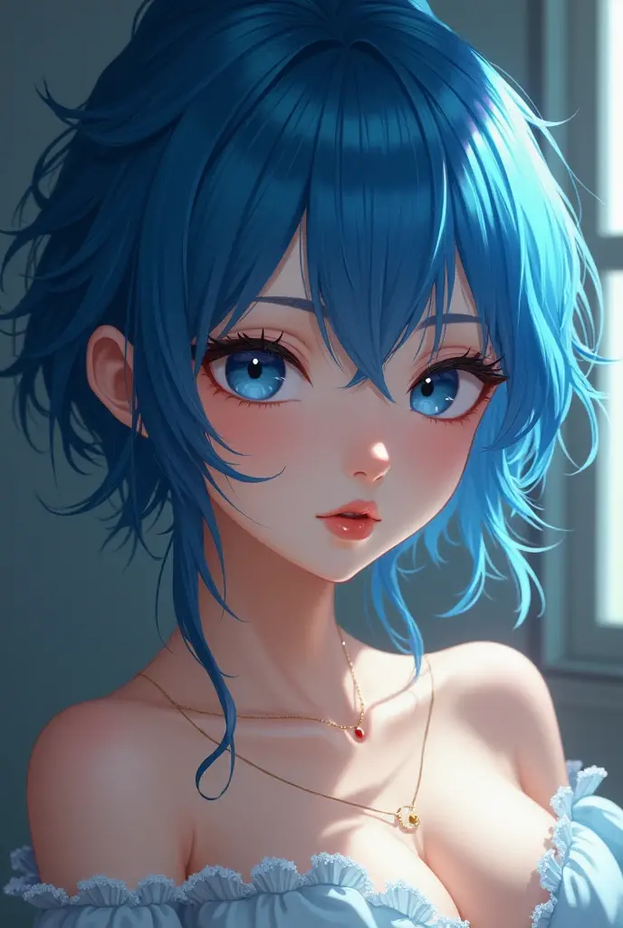 Naked Big Tits Japanese with Blue Hair、Blue eyes、I have stupid hair.、The face is small and slightly round.、A cute girl with fluffy hair