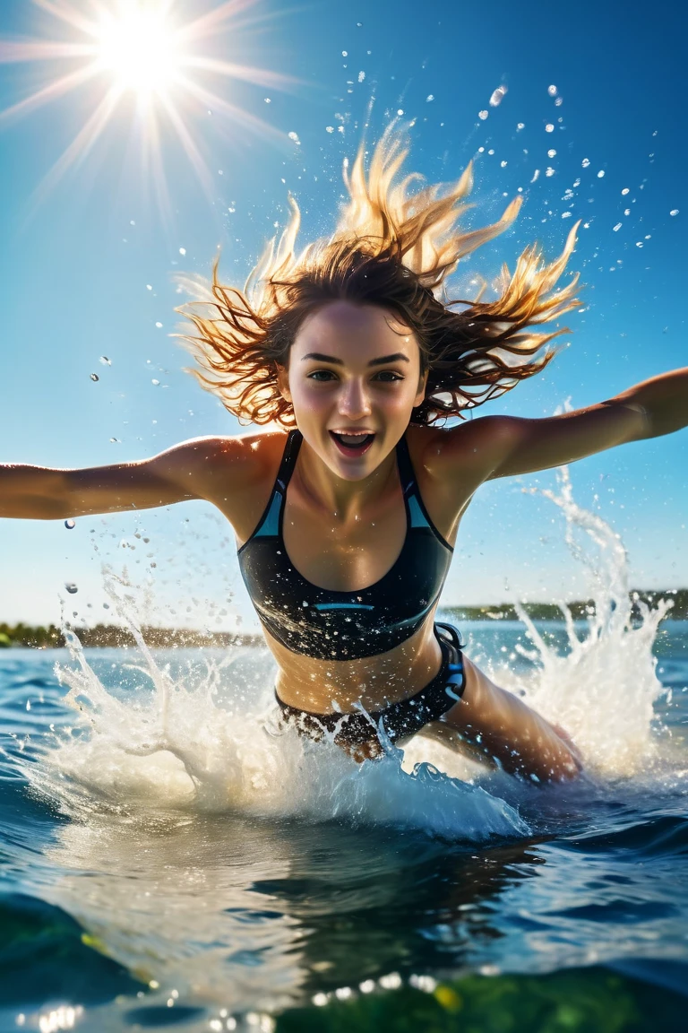 Extreme sports photography, surfing, riding along huge waves, thrilling tension, selfie medium shot, half body, young girl, french girl, background with sea, waves, ocean, foam, high texture, realistic effect
