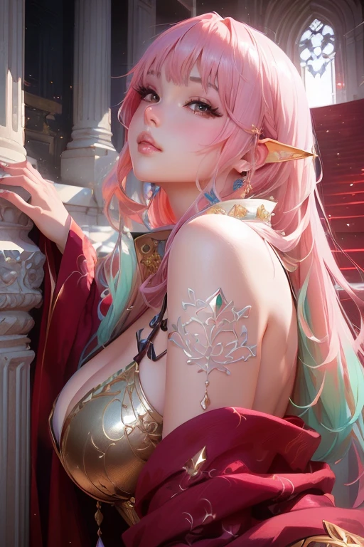Light blue and red color scheme, nipple,,,white curly hair, high detail, highest quality, supper detail, eye for detail, pink cat, simple background, 5/6 bodies