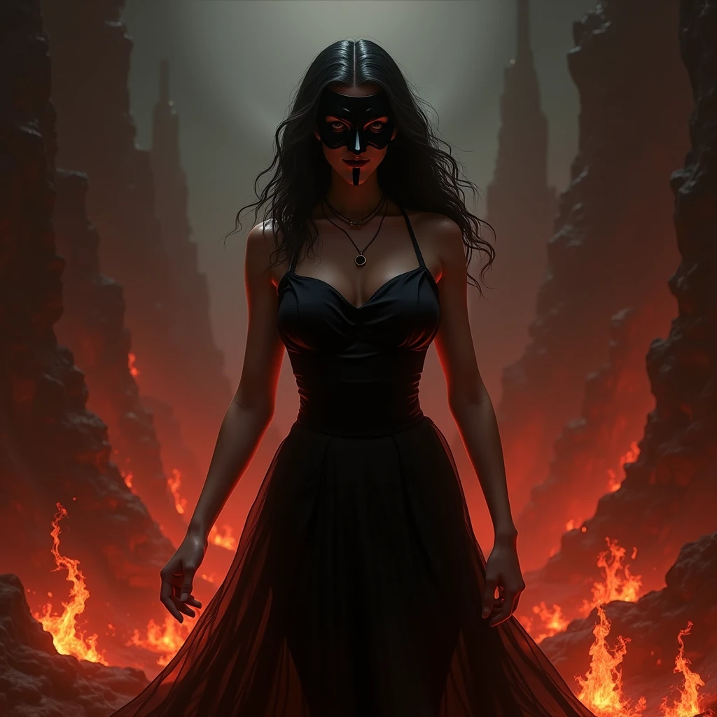 Short woman in red dress and with tall black hair is destroying Armacham soldiers wearing blue googles and holding assault rifles. Her eyes are glowing red and the sky is chaotic red.