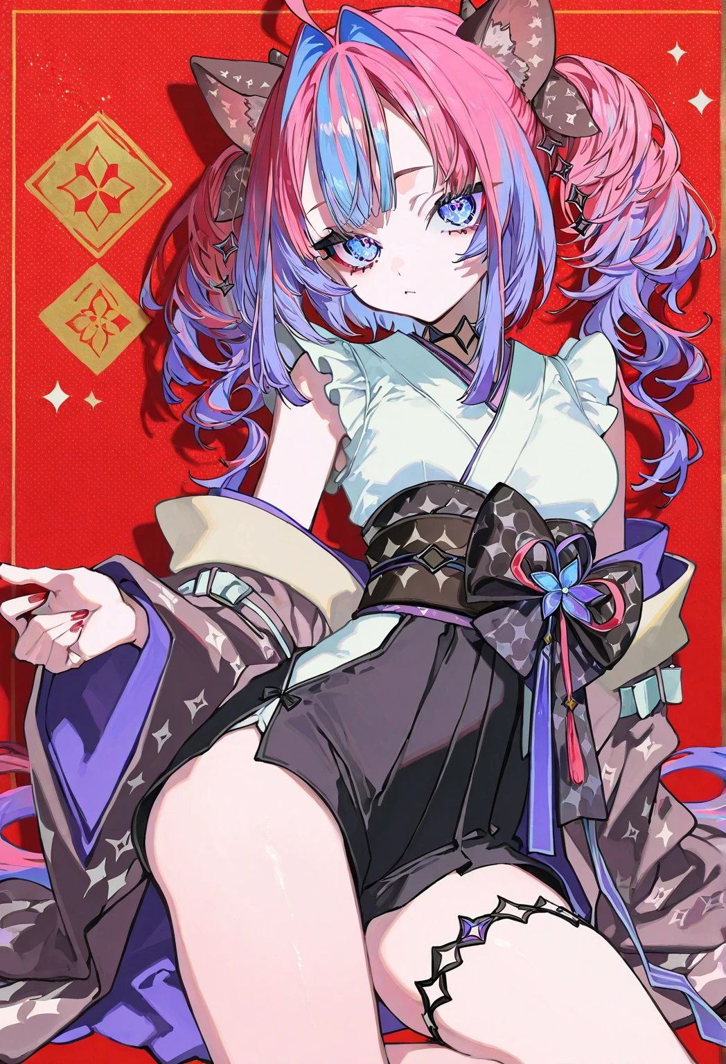 Colorful hair and colorful dress in anime ((cat-eared 1girl)), kimono pastel vivid, rossdraws cartoon vivid, anime style 4k, beautiful anime portrait, artgerm colorful!!!、! dream art germ, beautiful anime, cat ear 1girl, anime style digital art, anime art wallpaper 4k, anime art wallpaper 4k, digital anime art, highly detailed art germ, commander uniform, full body, sitting in her office, white hair, front view, smirking