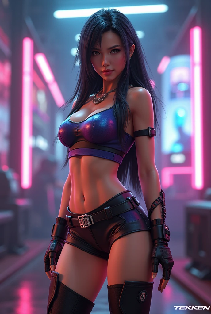 beautiful detailed eyes, detailed lips, detailed face, long eyelashes, glowing skin, fashionable outfit, confident expression, standing posture, cityscape background, bustling streets, neon lights, vibrant colors