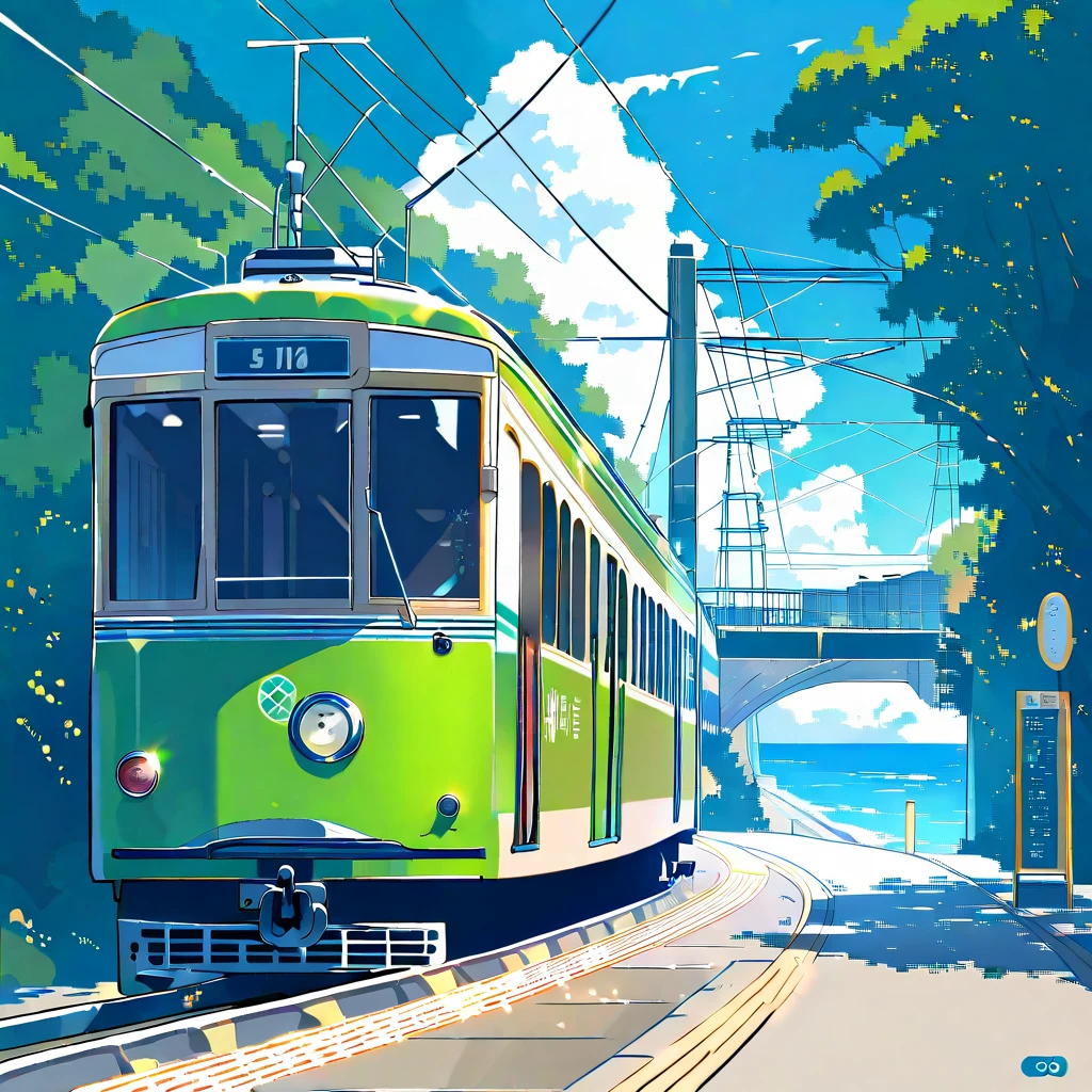 The green and beige streetcar number 1051 is coming into the coastal station platform, the sunlight shines in bright colors. the sky is clear and bright blue, dotted with soft, Faint Clouds , making the picturesque scenery even more beautiful. road running parallel to the station, You can see the ocean on the left,aspects that add a refreshing atmosphere to the urban environment. The sky is clear and bright blue in the background、You can see an island with an elegant lighthouse towering elegantly small. you can catch a glimpse of everyday life in a scenic environment.