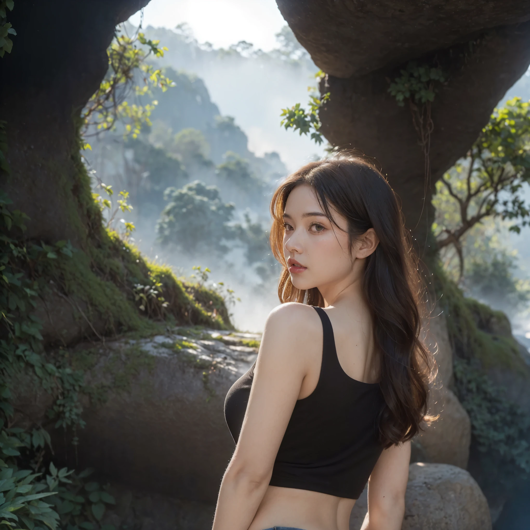 ( a age girl ), (Korean Girl), (, not looking at the camera), (be distracted), (((  regular size chest  )), (eyes beautiful and detailed), (lips beautiful and detailed), (of very detailed eyes and faces.), (Realistic face), (long hair), (red caramel hair), (farrah hair), (black black black black black black black black black black black black black tank top with a deep neckline), (denim low-waisted shorts revealing the navel, very short legs revealing the hips), (Black long boots), ( Picture ), (, 18 years old), (sensual gestures), (standing with turn her back), (show her ass), (on the rocks), (inside a cave with waterfalls and water, stalactites, stalagmites, and moss.), (full body), (feet to floor), (realistic light and shadow), (photos using a film camera), (Film color scheme), (best quality, 4k, 8k, Very High Resolution, Masterpiece: 1.2), (high resolution), (HDR), (UHD), (best quality,4K,8k,Very High Resolution,Masterpiece:1.2), Ultra Fine, HDR, UHD,Studio, (before sunset) natural lightอ่อนโยน, evening moments before sunset, backlit, evening time, low light (natural light), (There is fog and steam), (nature light) ,
